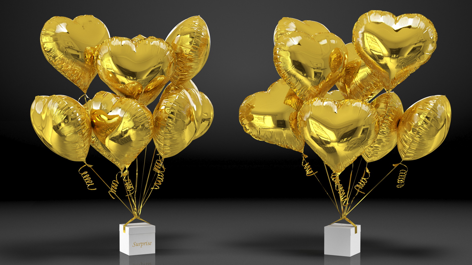 Bouquet of Gold Heart Balloons with Gift Box 3D model