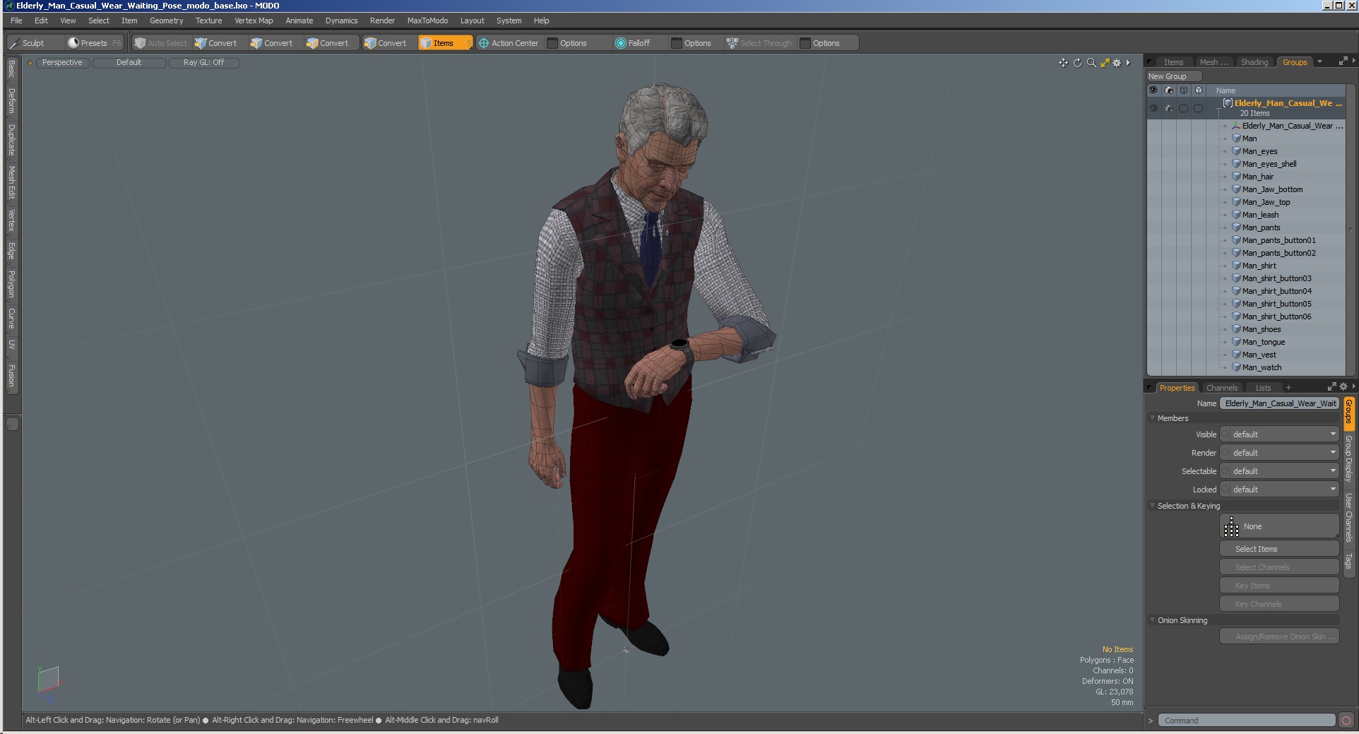 3D Elderly Man Casual Wear Waiting Pose