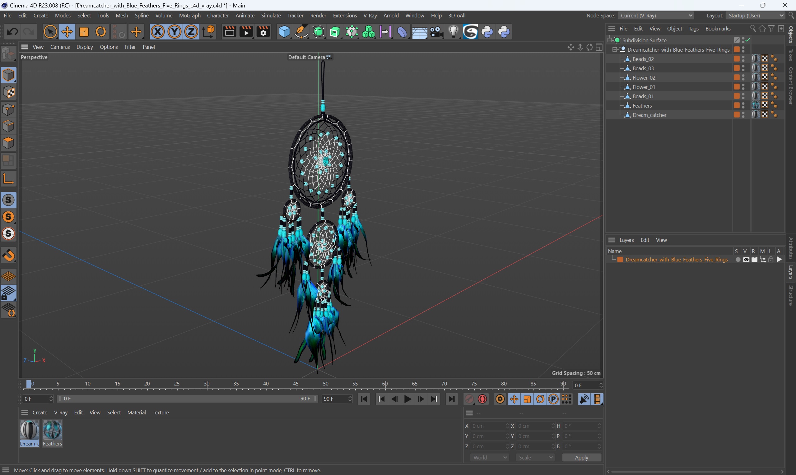 Dreamcatcher with Blue Feathers Five Rings 3D