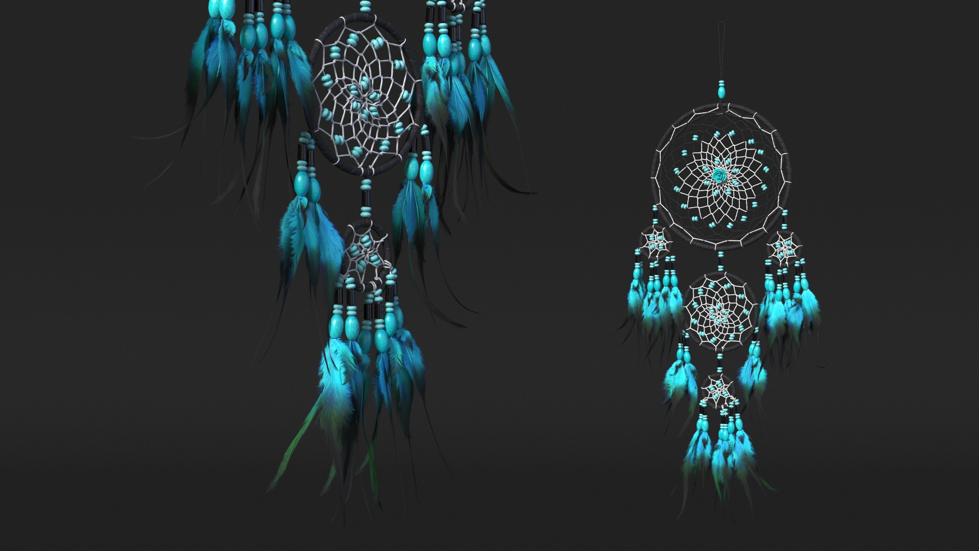 Dreamcatcher with Blue Feathers Five Rings 3D