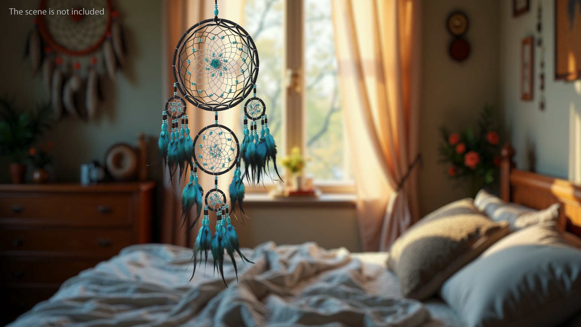 Dreamcatcher with Blue Feathers Five Rings 3D