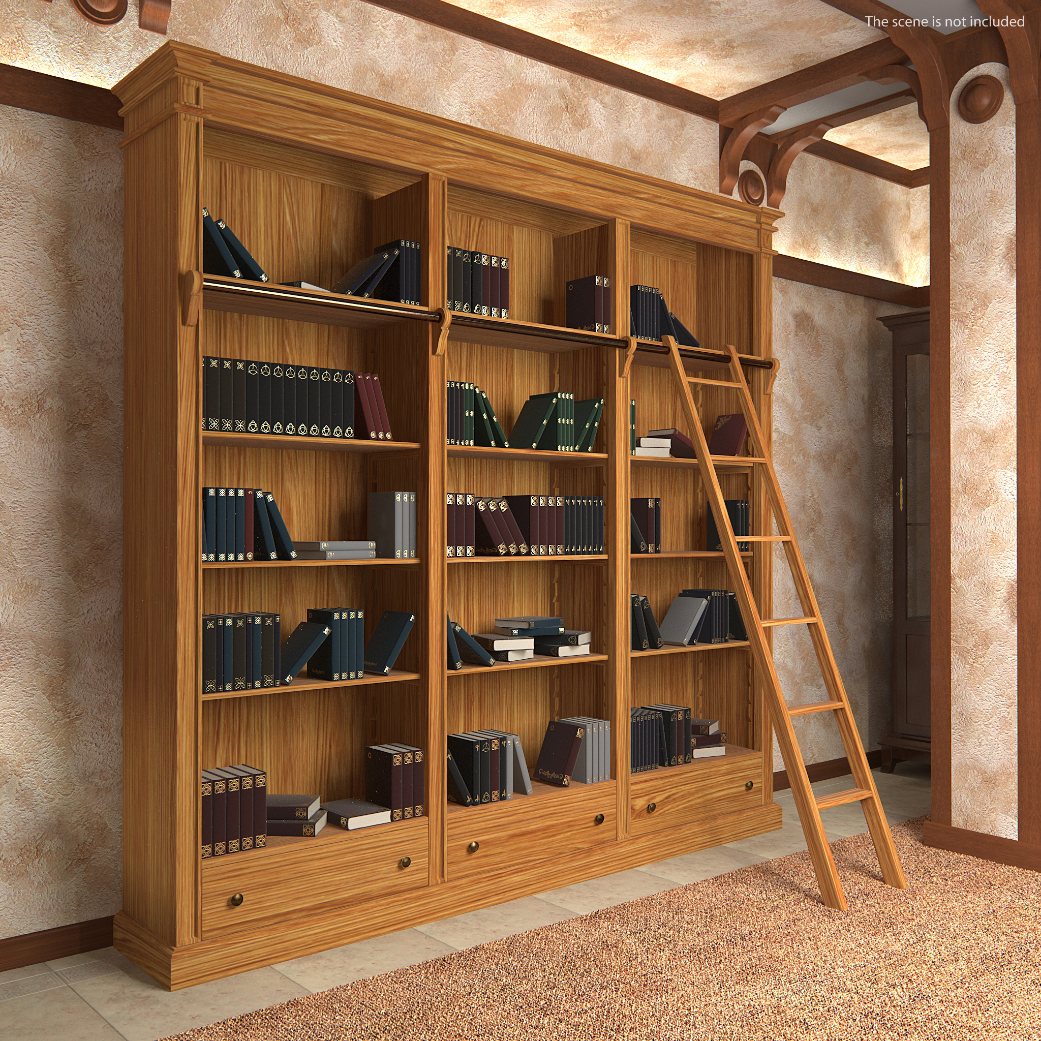 3D model Wood Bookcase with Ladder