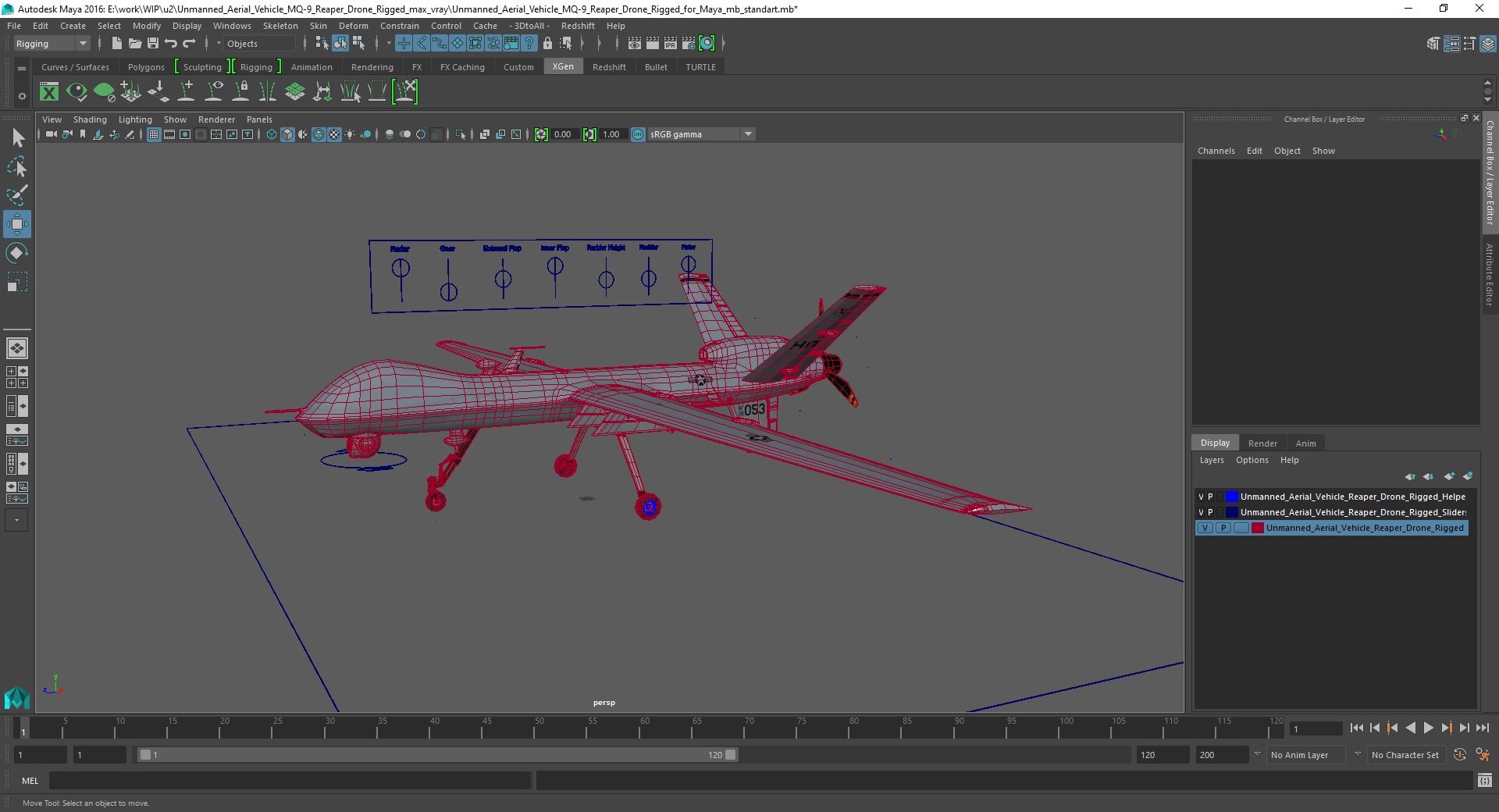 Unmanned Aerial Vehicle MQ-9 Reaper Drone Rigged for Maya 3D