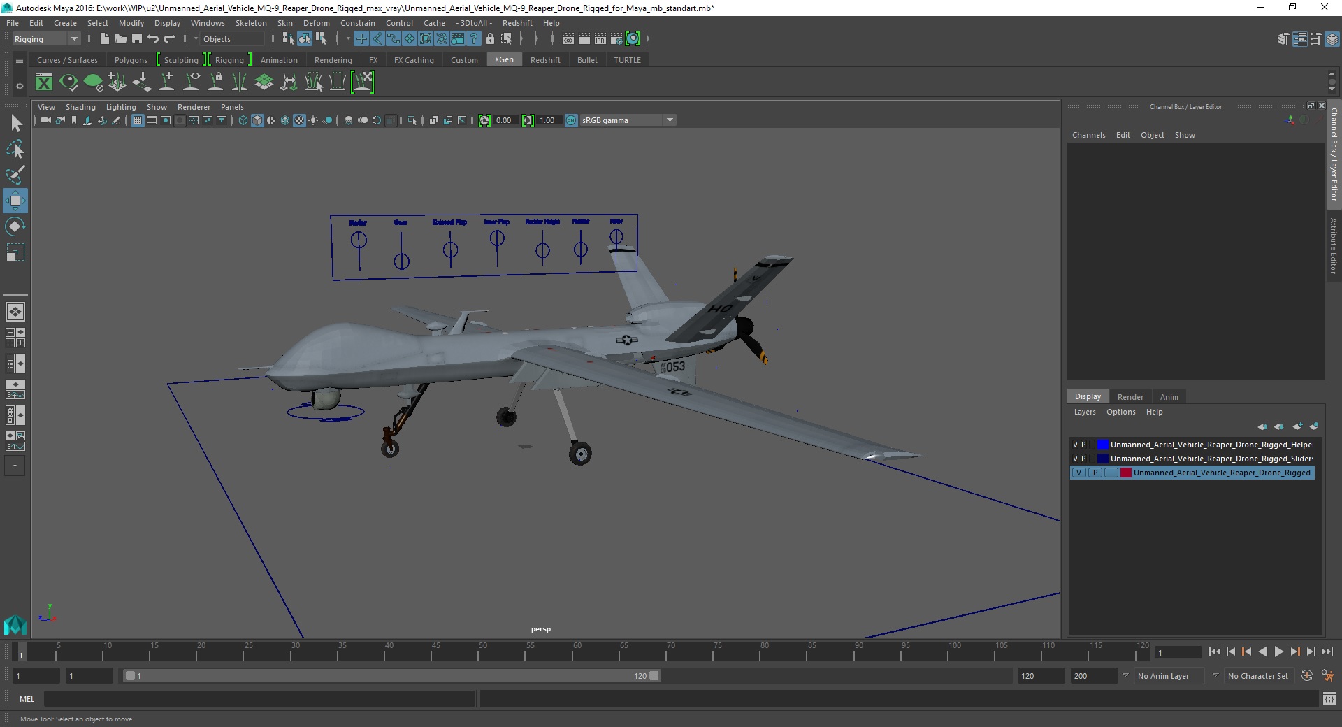 Unmanned Aerial Vehicle MQ-9 Reaper Drone Rigged for Maya 3D