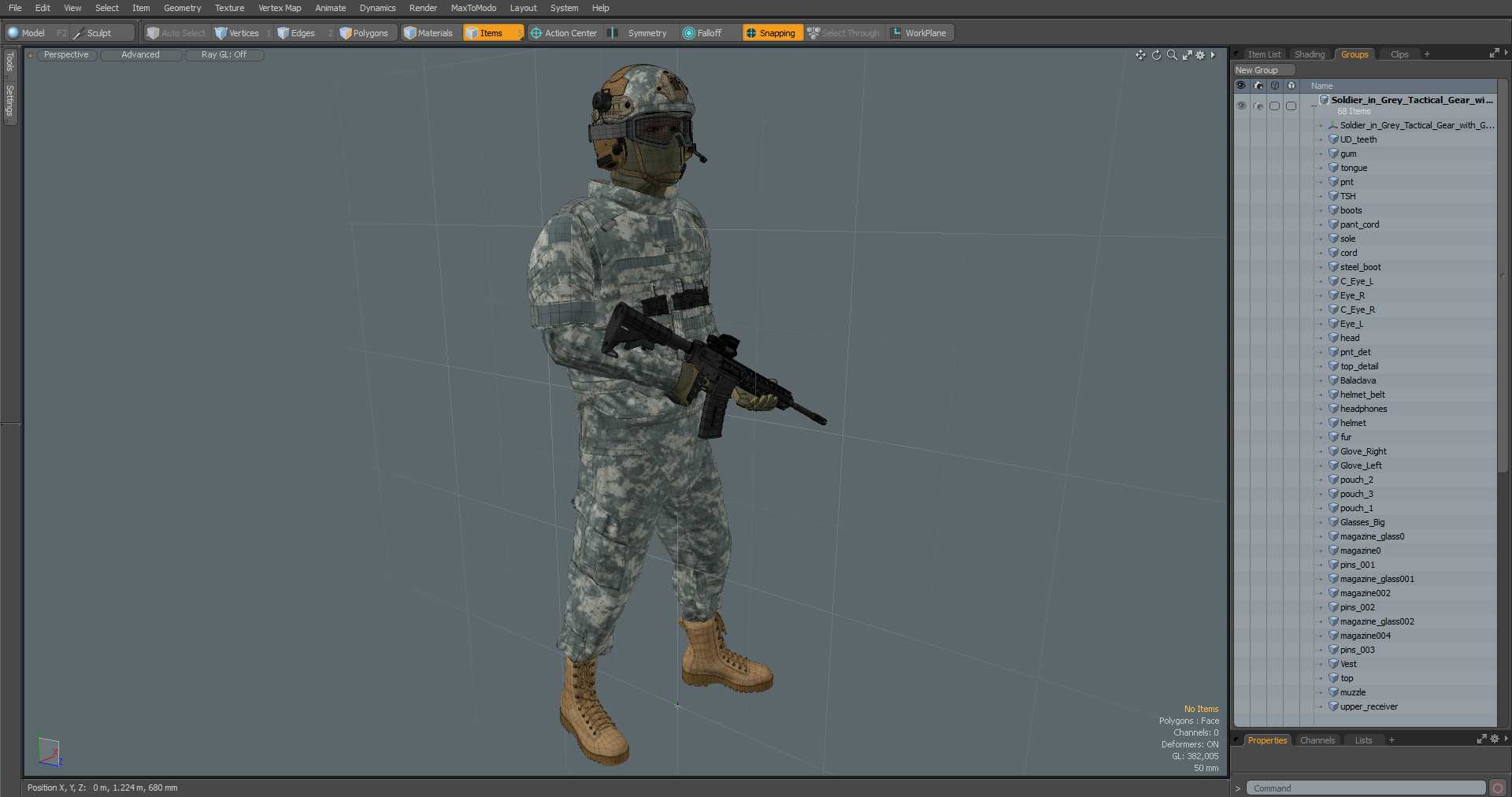 3D Soldier in Grey Tactical Gear with Goggles Standing