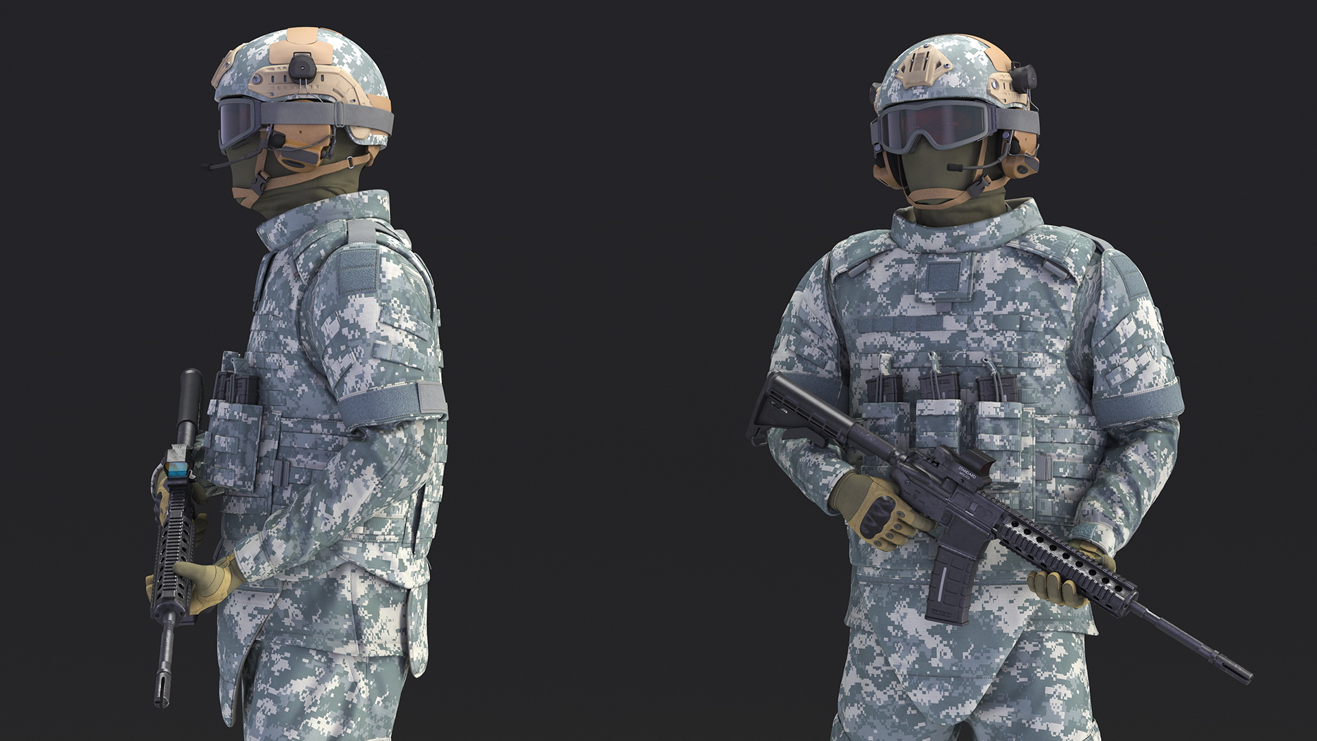 3D Soldier in Grey Tactical Gear with Goggles Standing