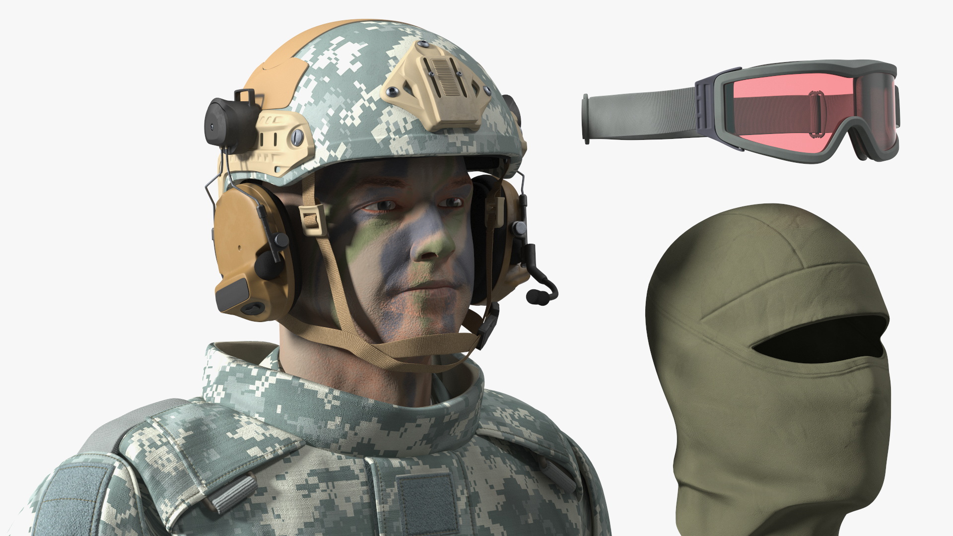 3D Soldier in Grey Tactical Gear with Goggles Standing