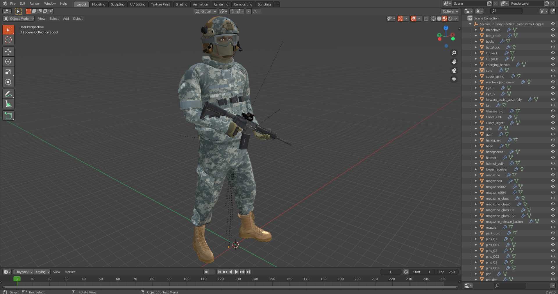 3D Soldier in Grey Tactical Gear with Goggles Standing