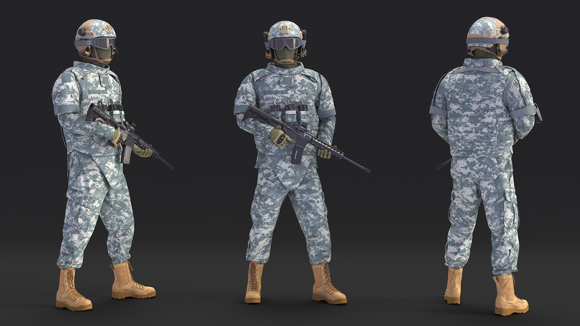 3D Soldier in Grey Tactical Gear with Goggles Standing