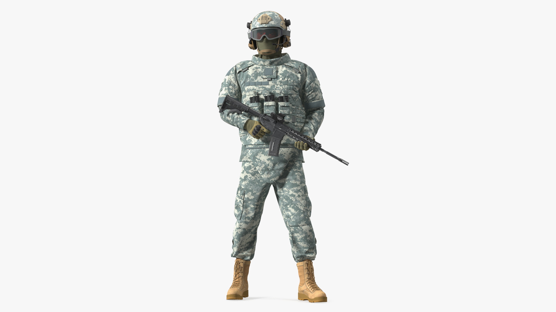 3D Soldier in Grey Tactical Gear with Goggles Standing