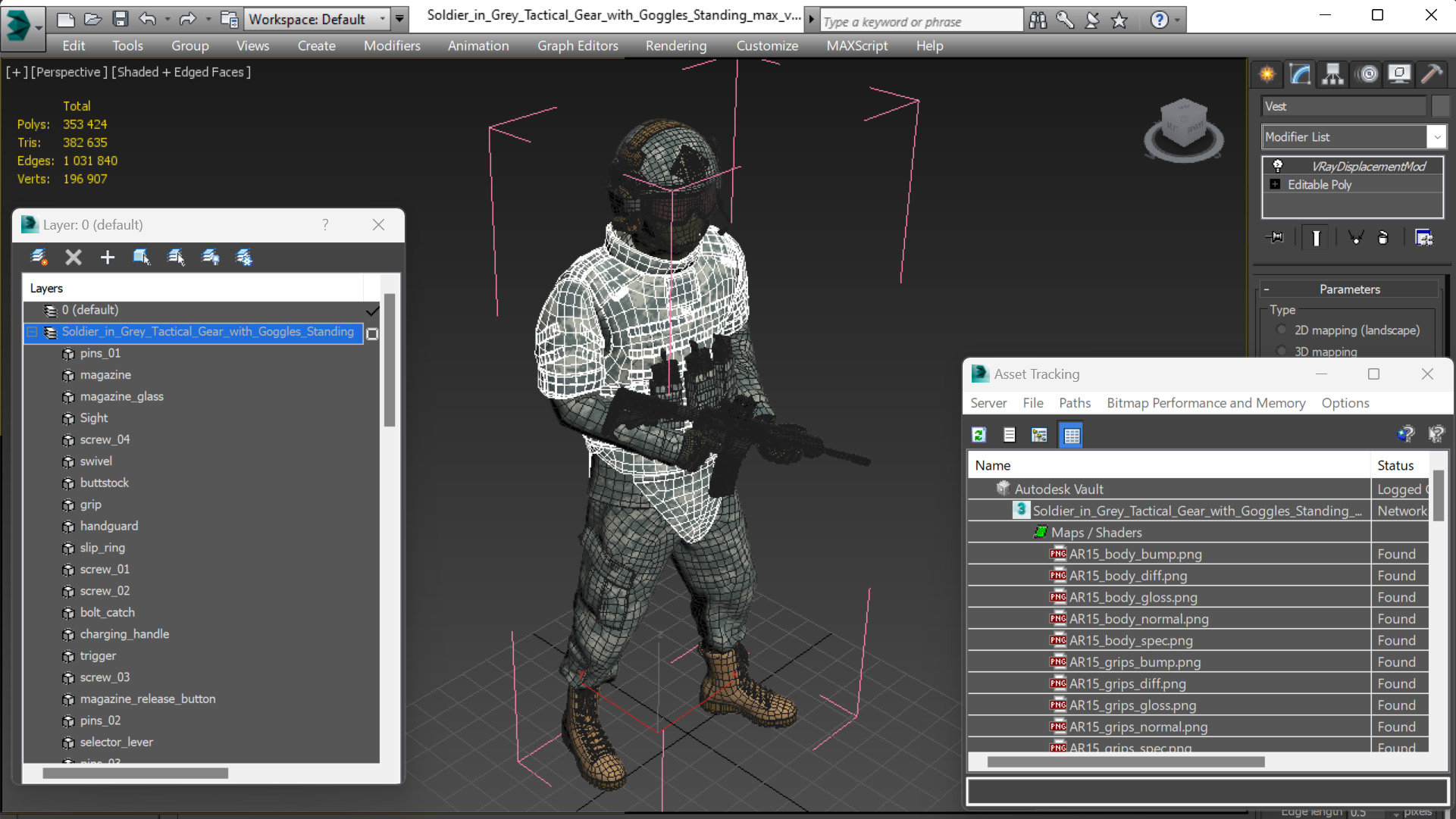 3D Soldier in Grey Tactical Gear with Goggles Standing