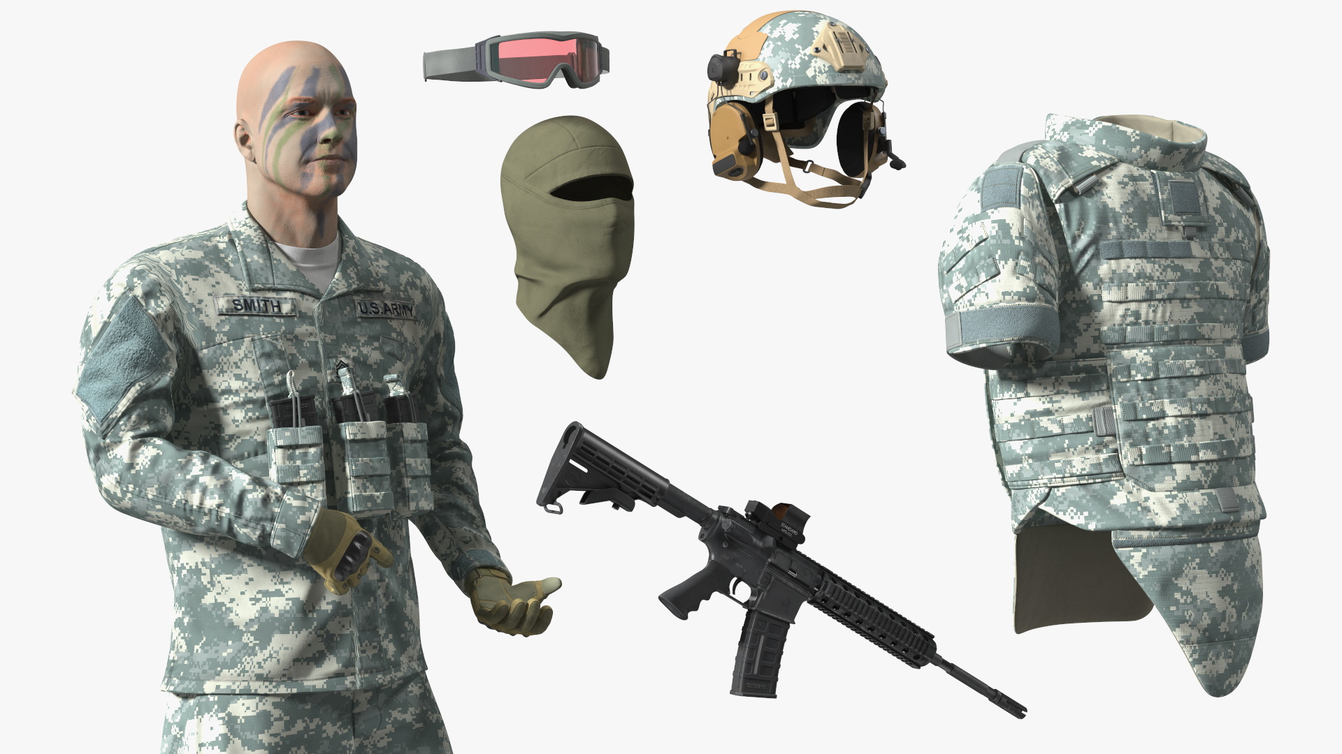 3D Soldier in Grey Tactical Gear with Goggles Standing