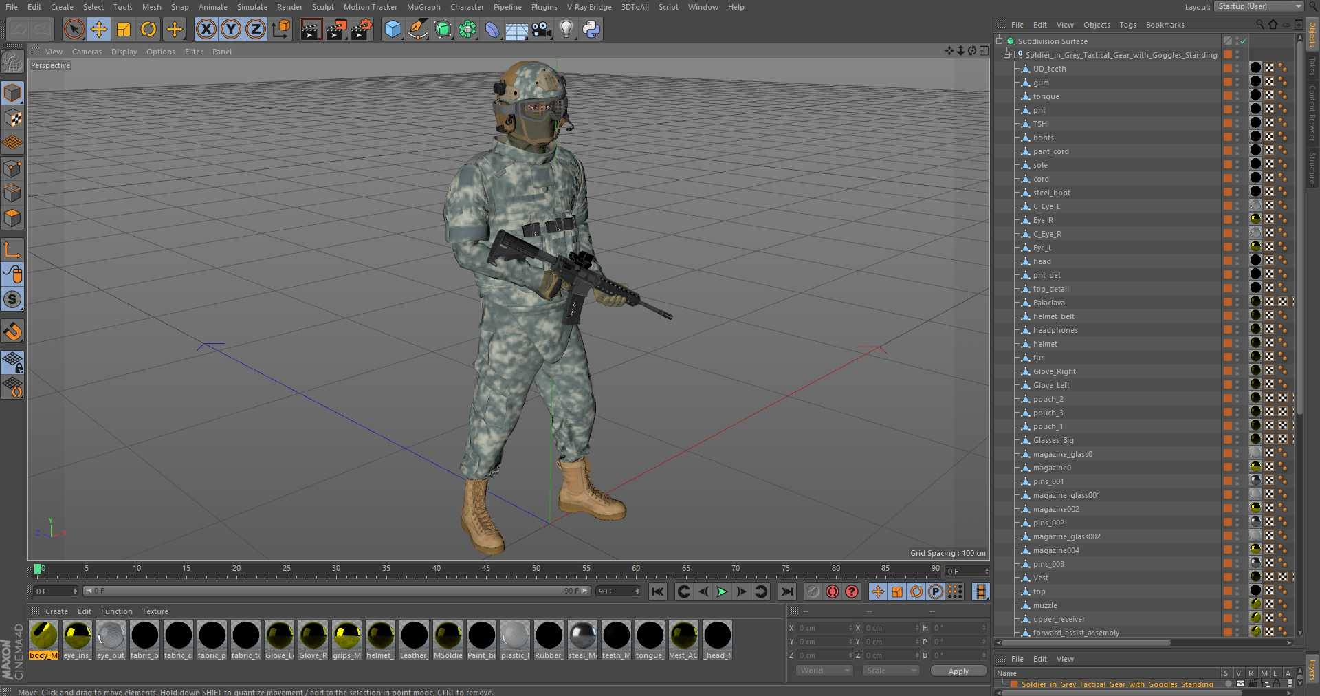 3D Soldier in Grey Tactical Gear with Goggles Standing