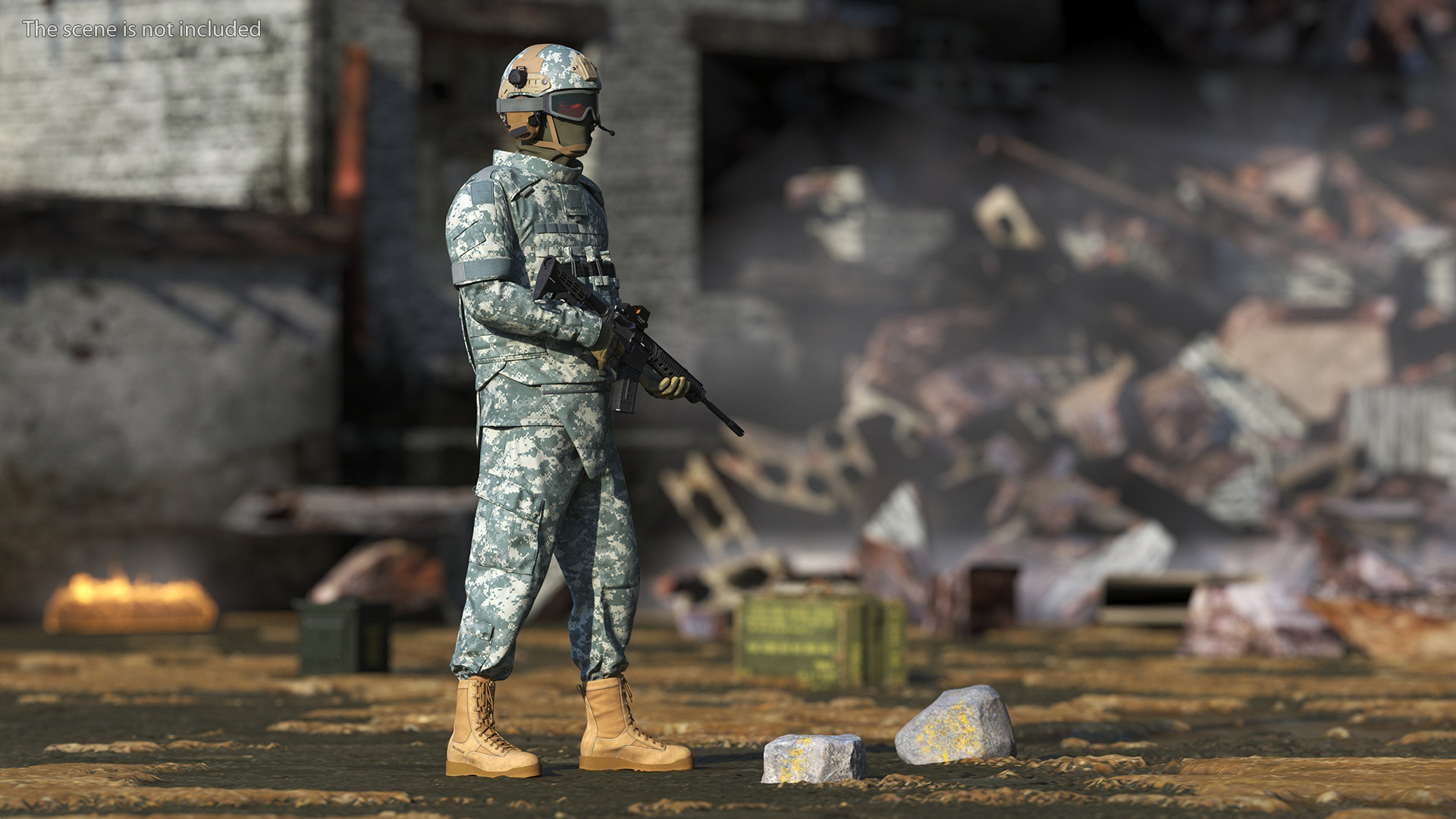 3D Soldier in Grey Tactical Gear with Goggles Standing