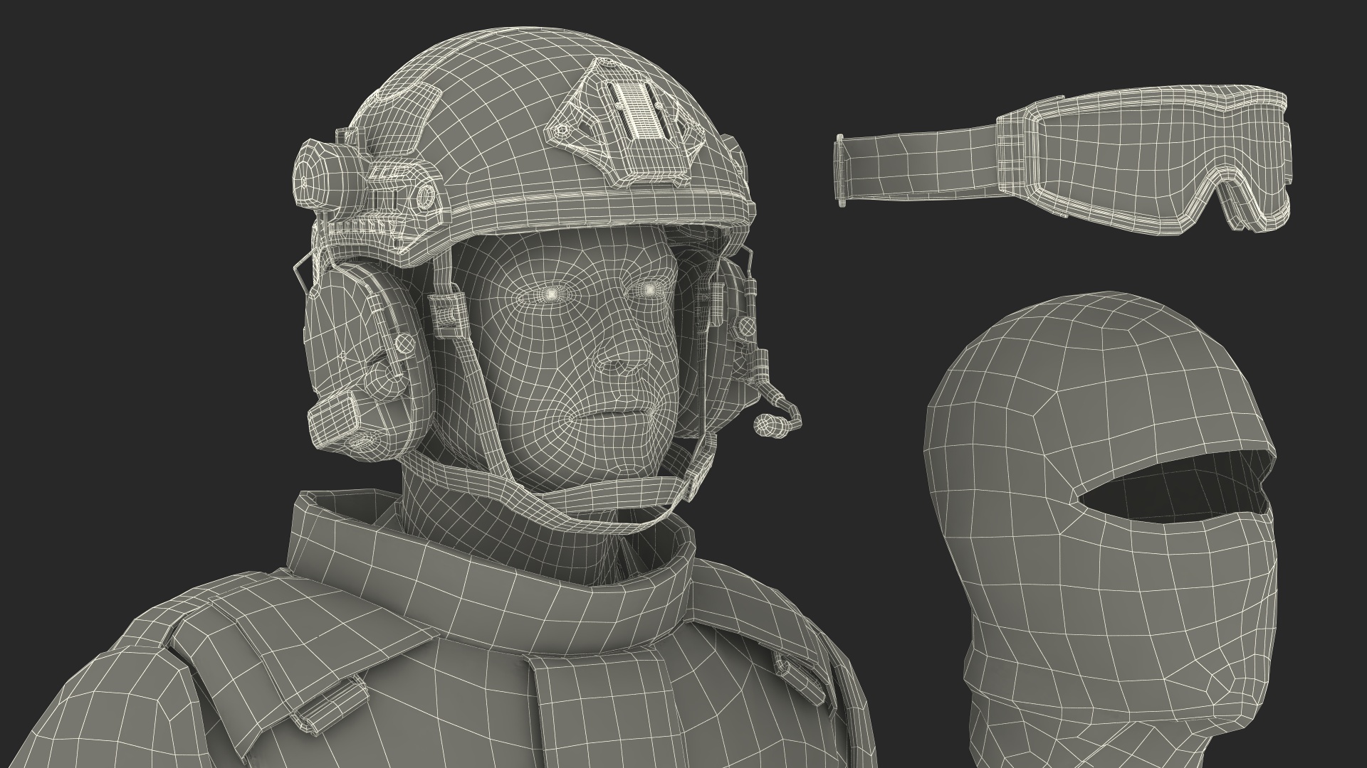 3D Soldier in Grey Tactical Gear with Goggles Standing