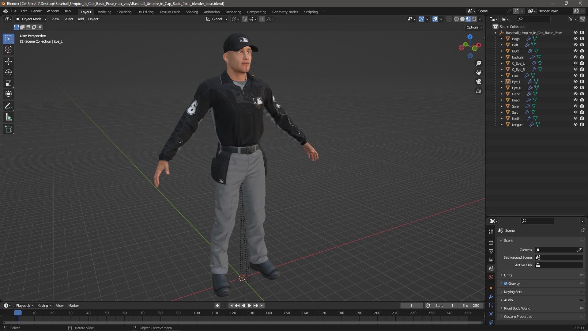 3D Baseball Umpire in Cap Basic Pose model