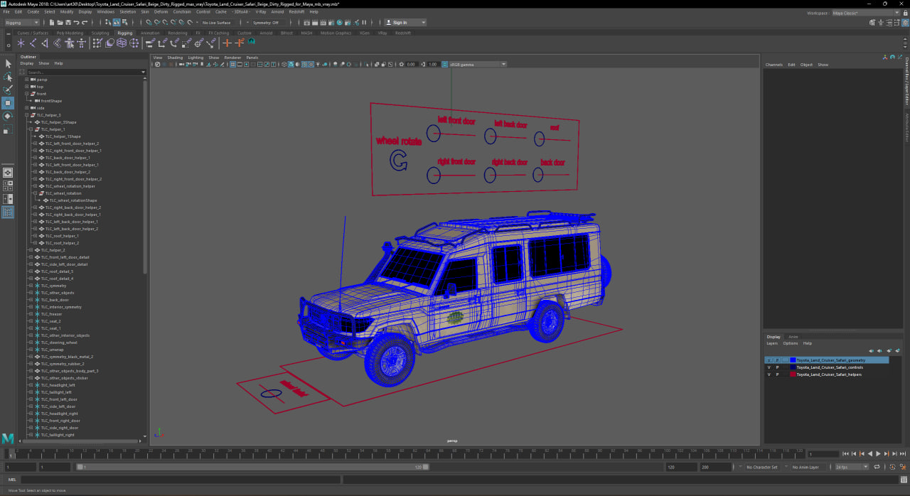 Toyota Land Cruiser Safari Beige Dirty Rigged for Maya 3D model