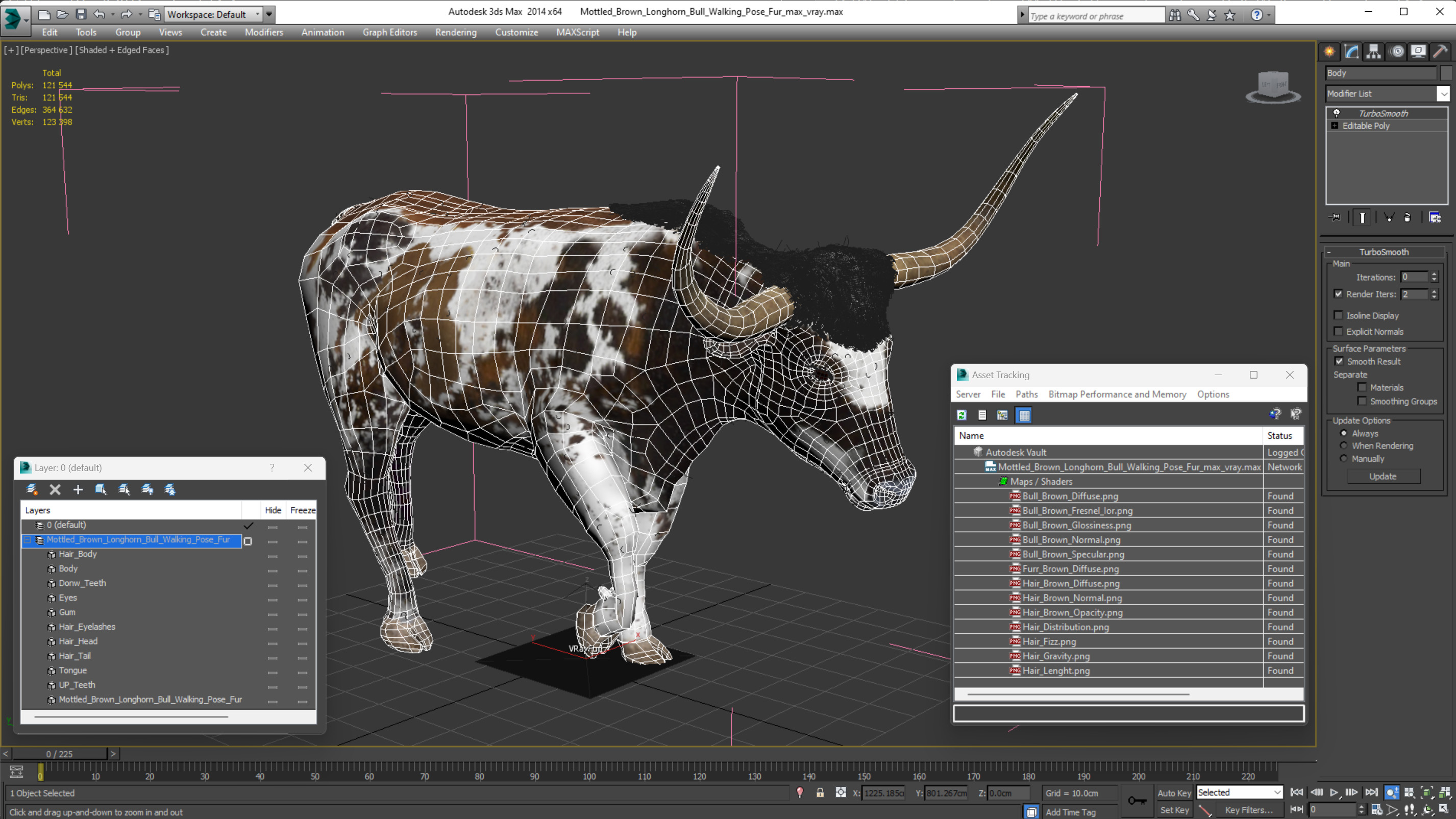 Mottled Brown Longhorn Bull Walking Pose Fur 3D model