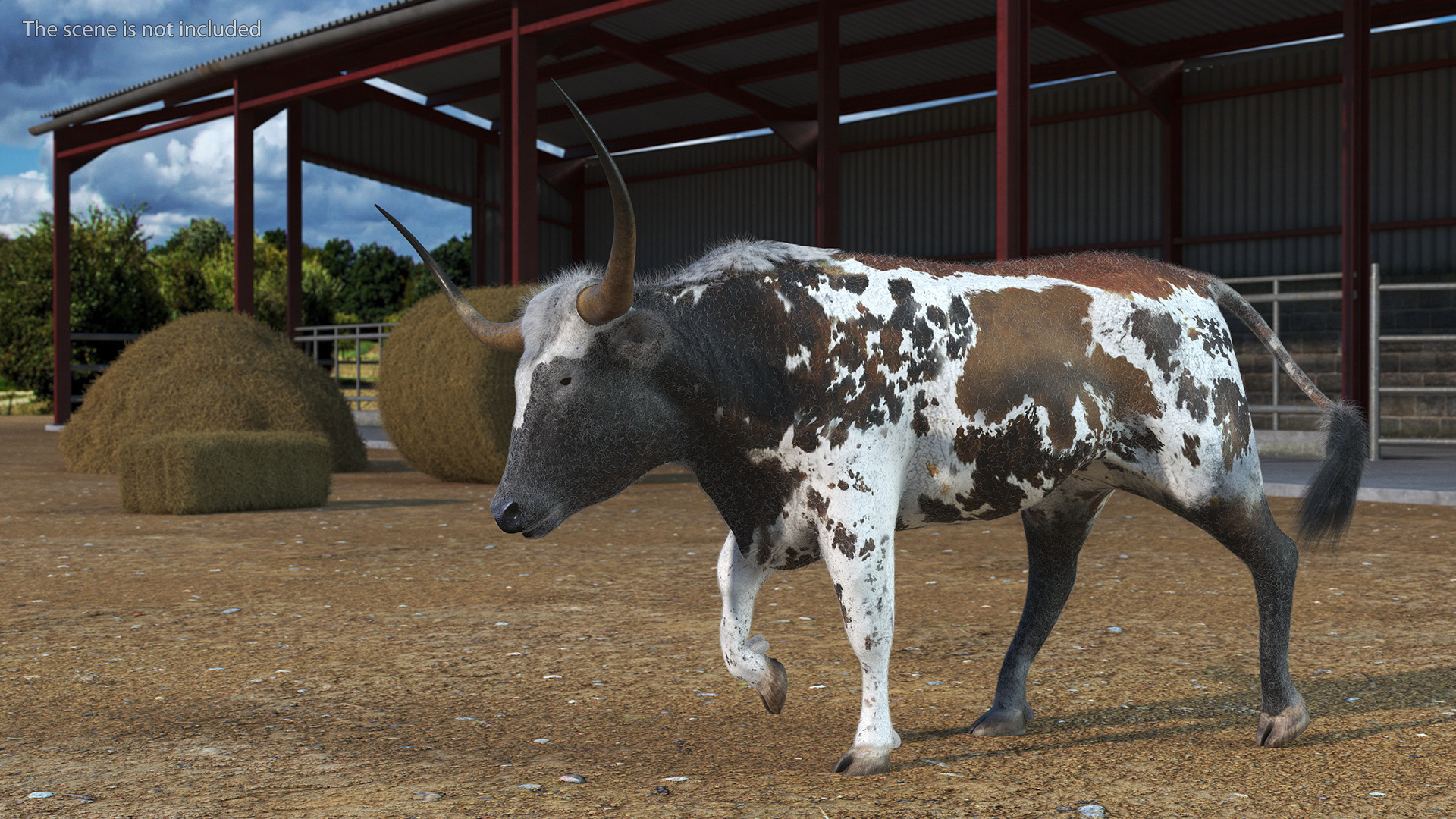 Mottled Brown Longhorn Bull Walking Pose Fur 3D model