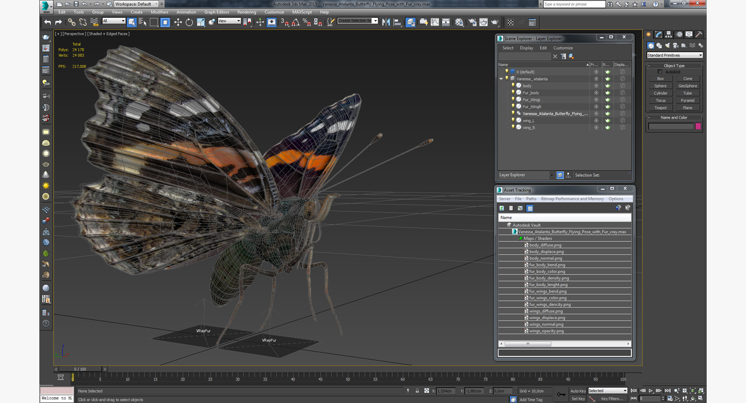 Vanessa Atalanta Butterfly Flying Pose with Fur 3D