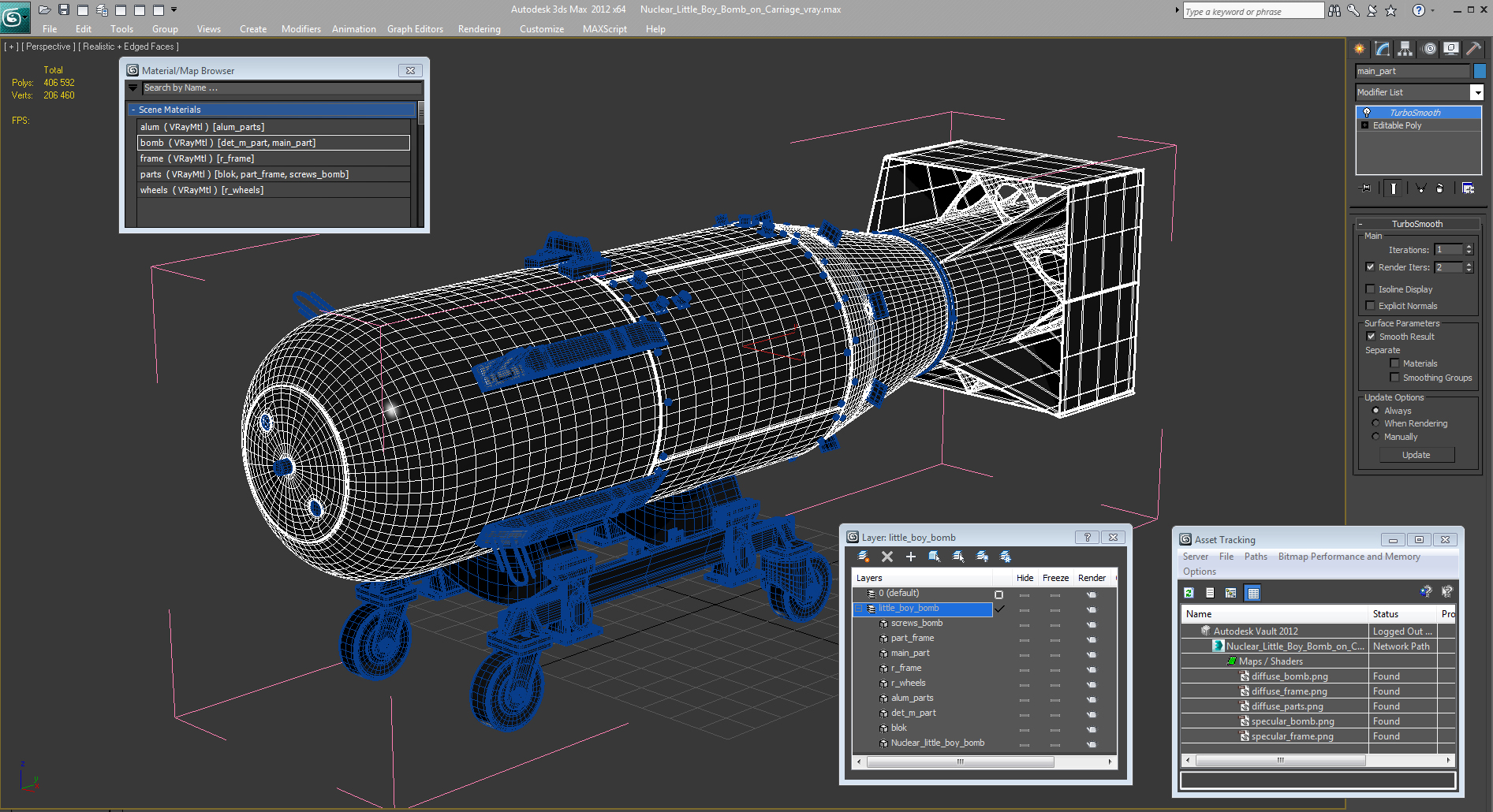 3D model Nuclear Little Boy Bomb on Carriage