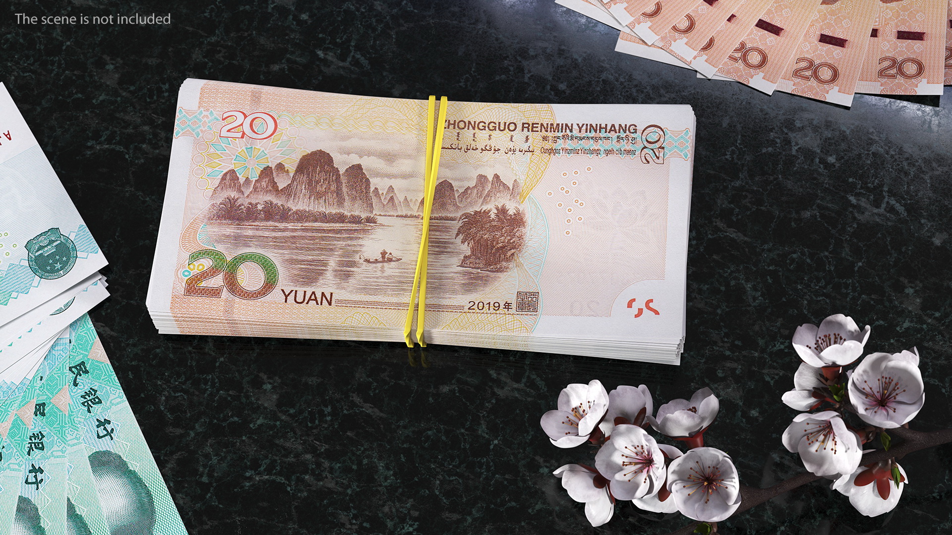 Stack of Chinese 20 Yuan 2019 Bills with Rubber Band 3D