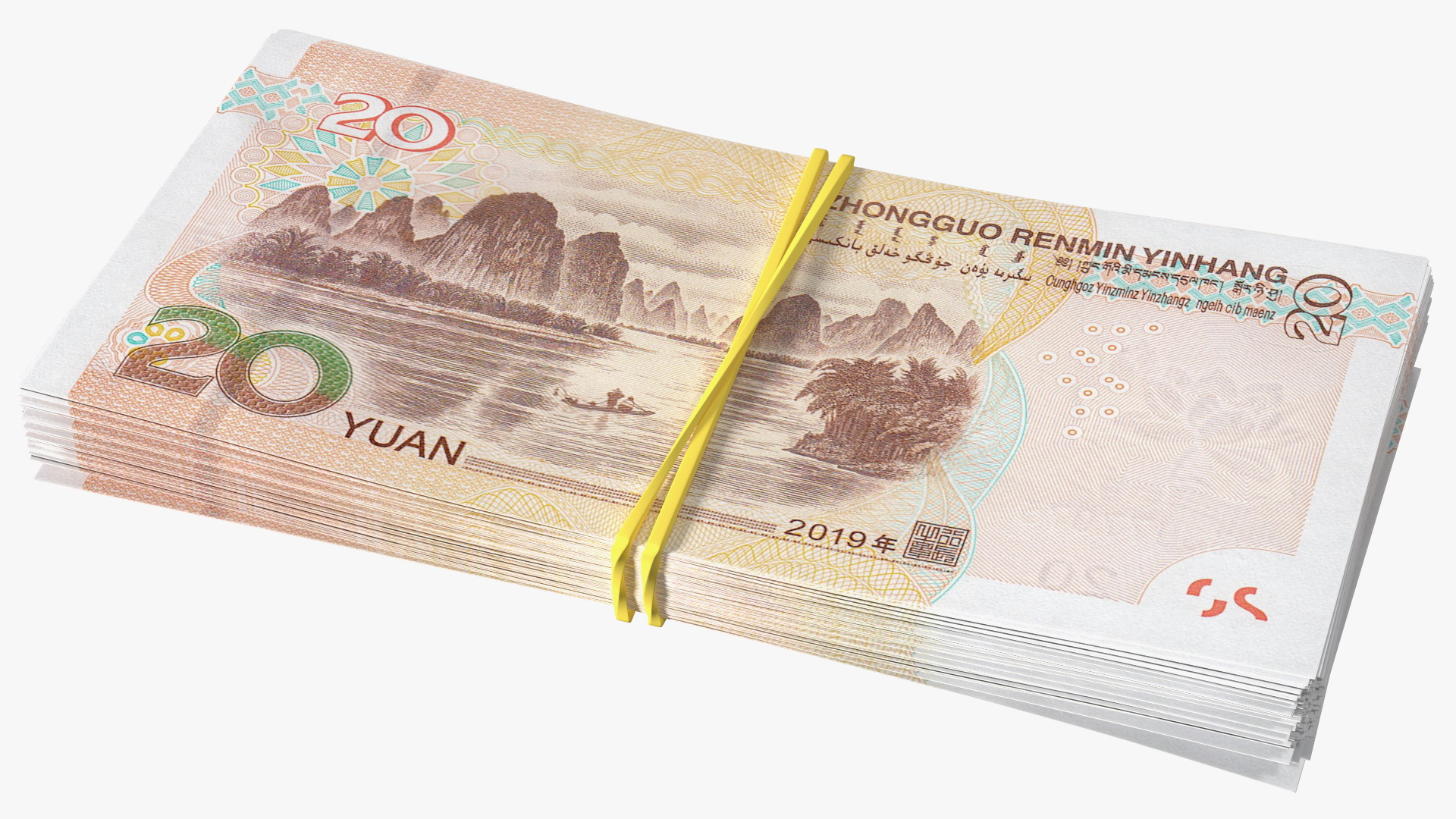 Stack of Chinese 20 Yuan 2019 Bills with Rubber Band 3D