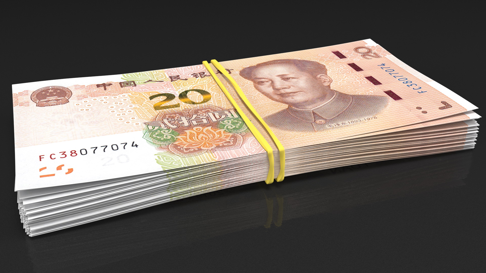 Stack of Chinese 20 Yuan 2019 Bills with Rubber Band 3D