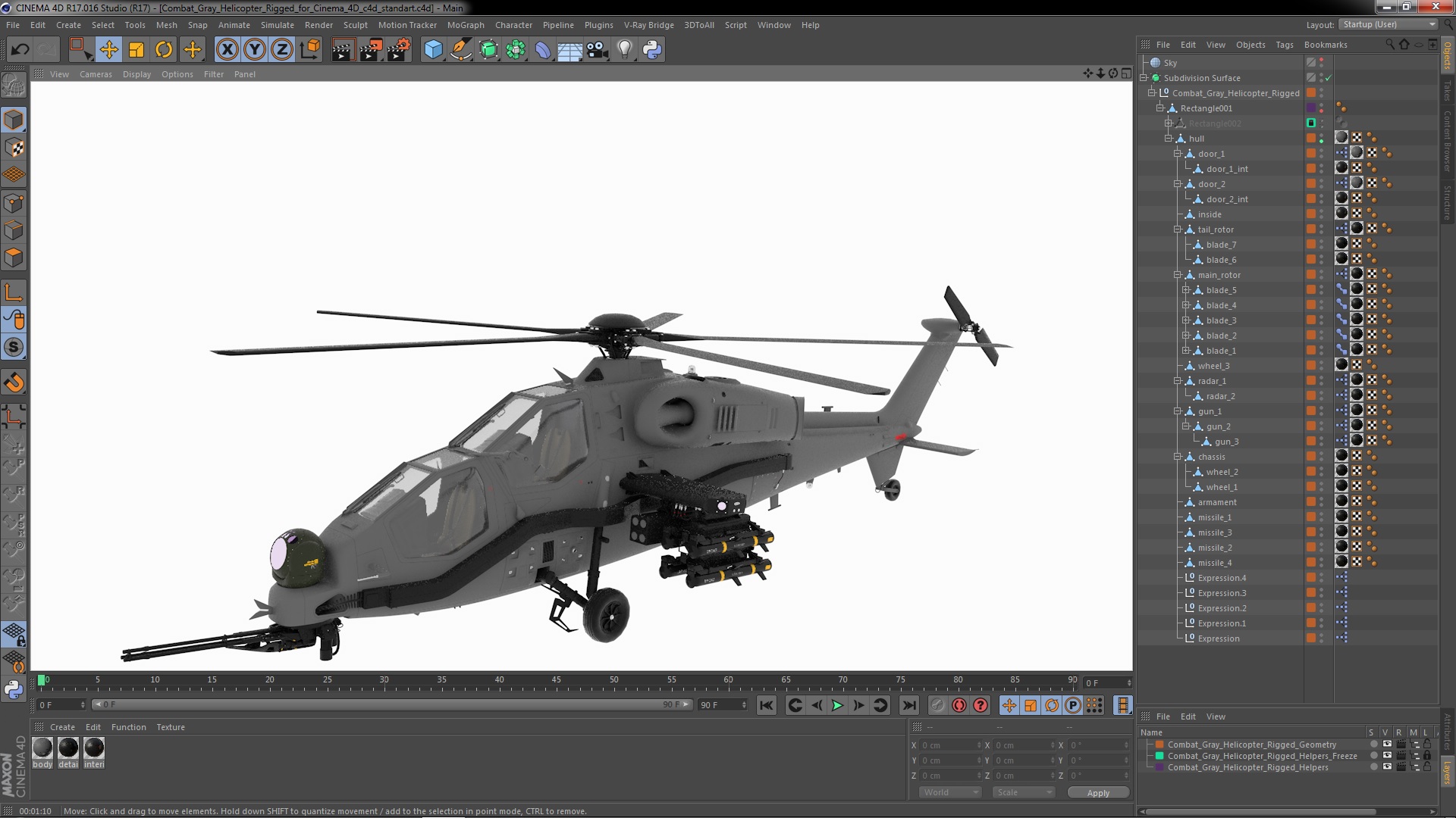 3D Combat Gray Helicopter Rigged for Cinema 4D model