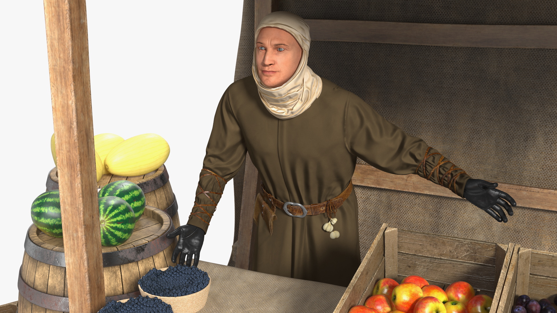 3D model Medieval Merchant with Market Stall