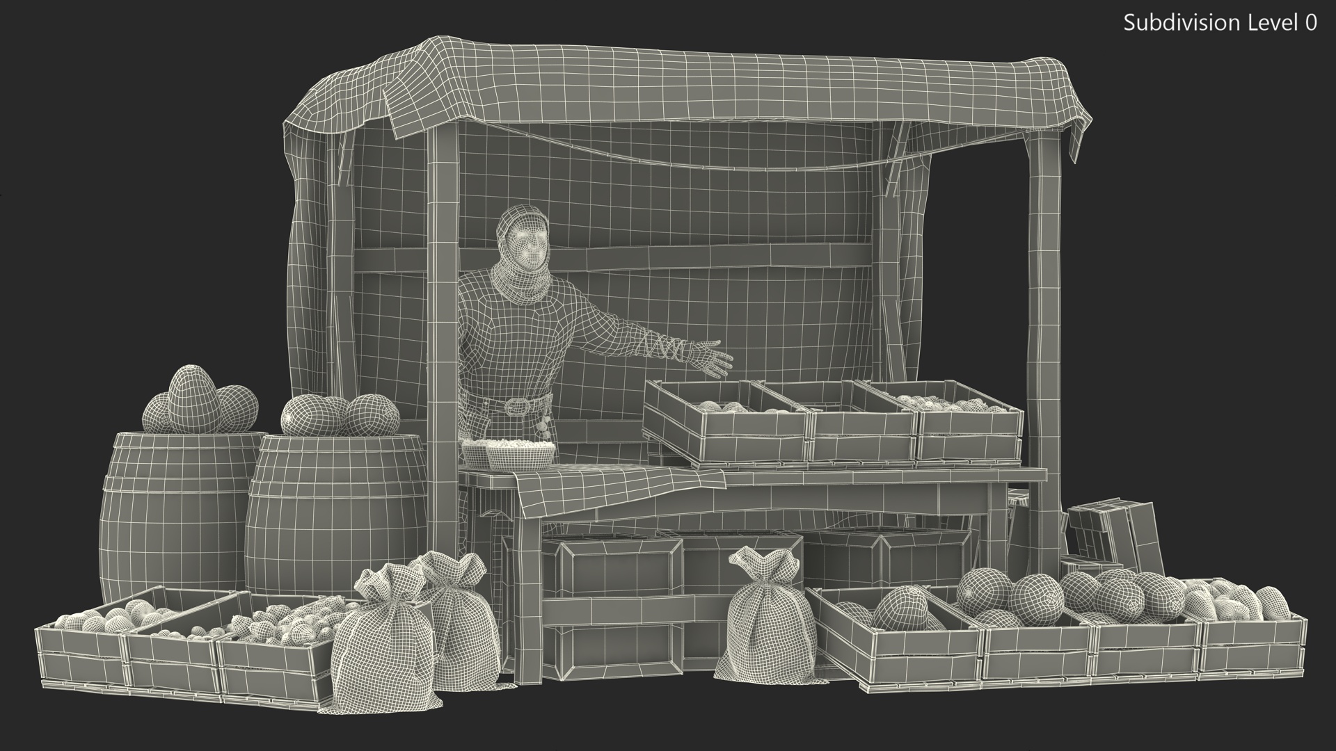 3D model Medieval Merchant with Market Stall