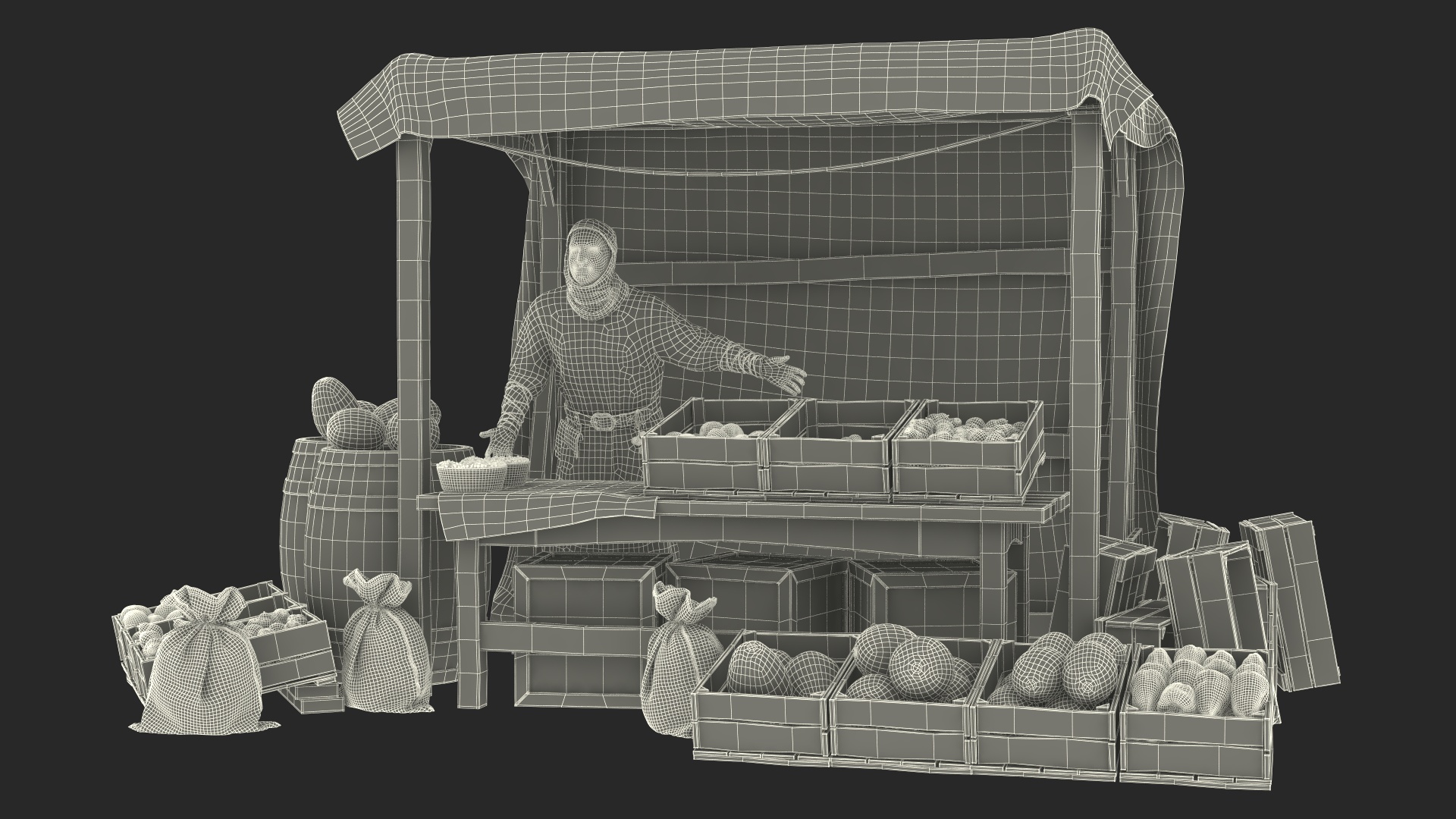 3D model Medieval Merchant with Market Stall