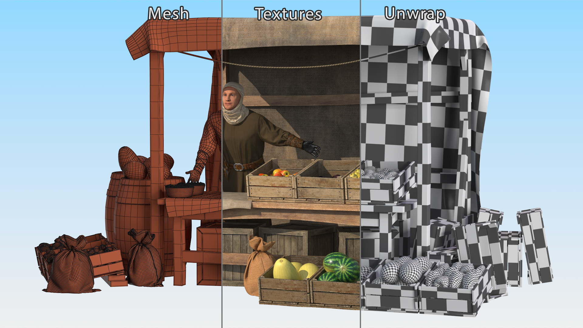 3D model Medieval Merchant with Market Stall