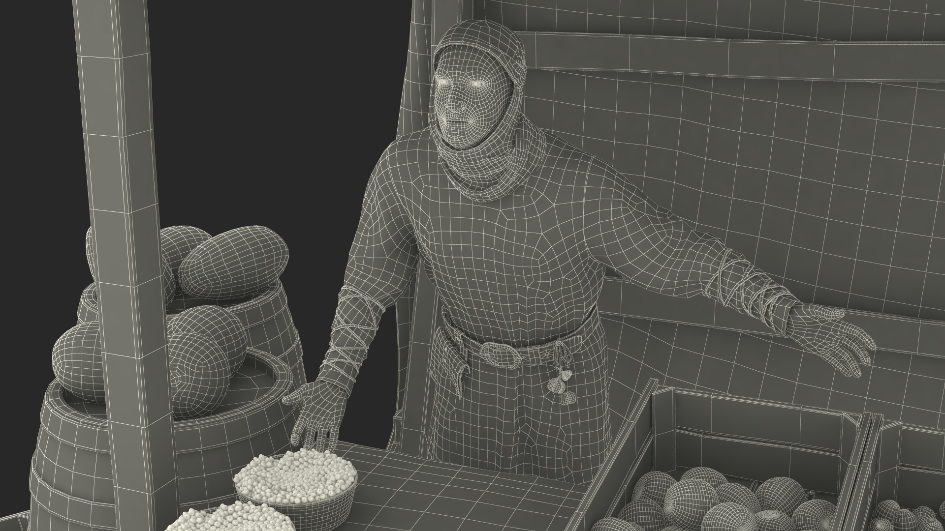 3D model Medieval Merchant with Market Stall