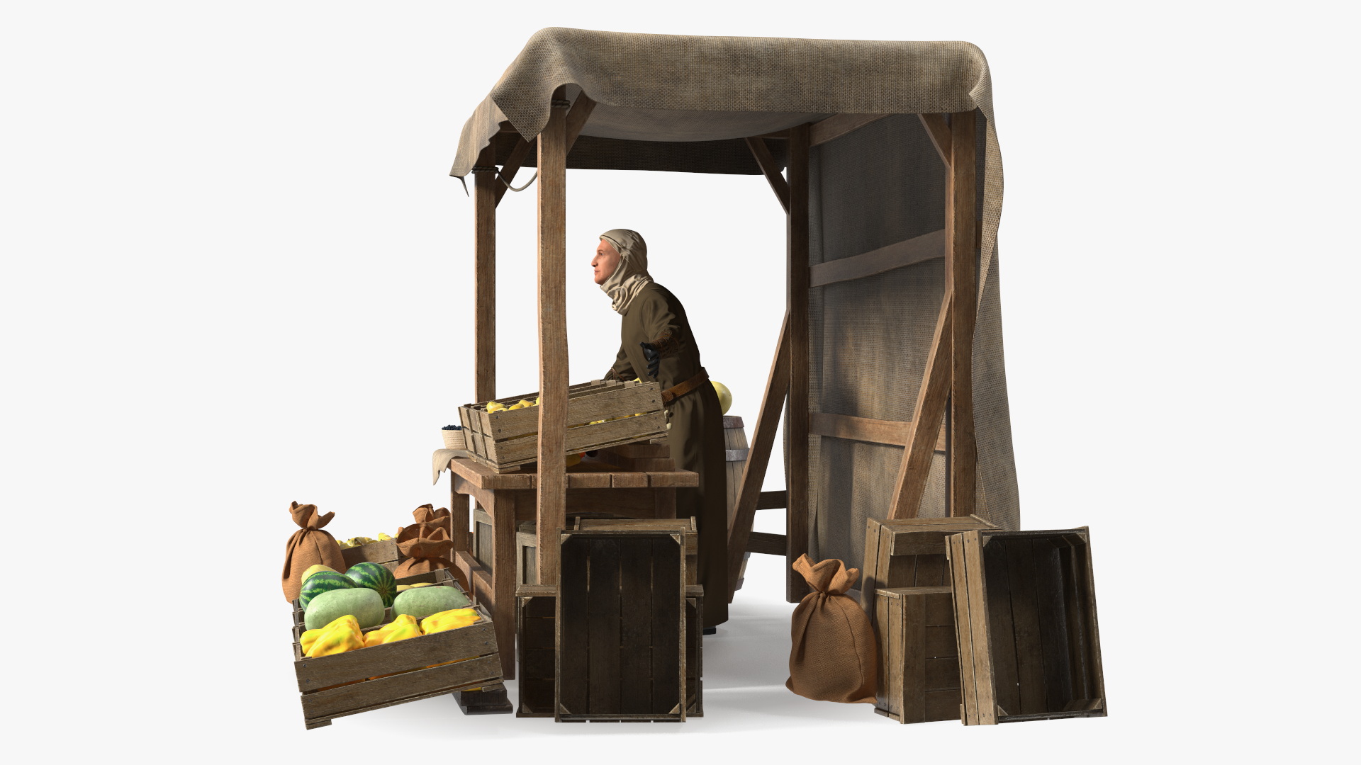 3D model Medieval Merchant with Market Stall