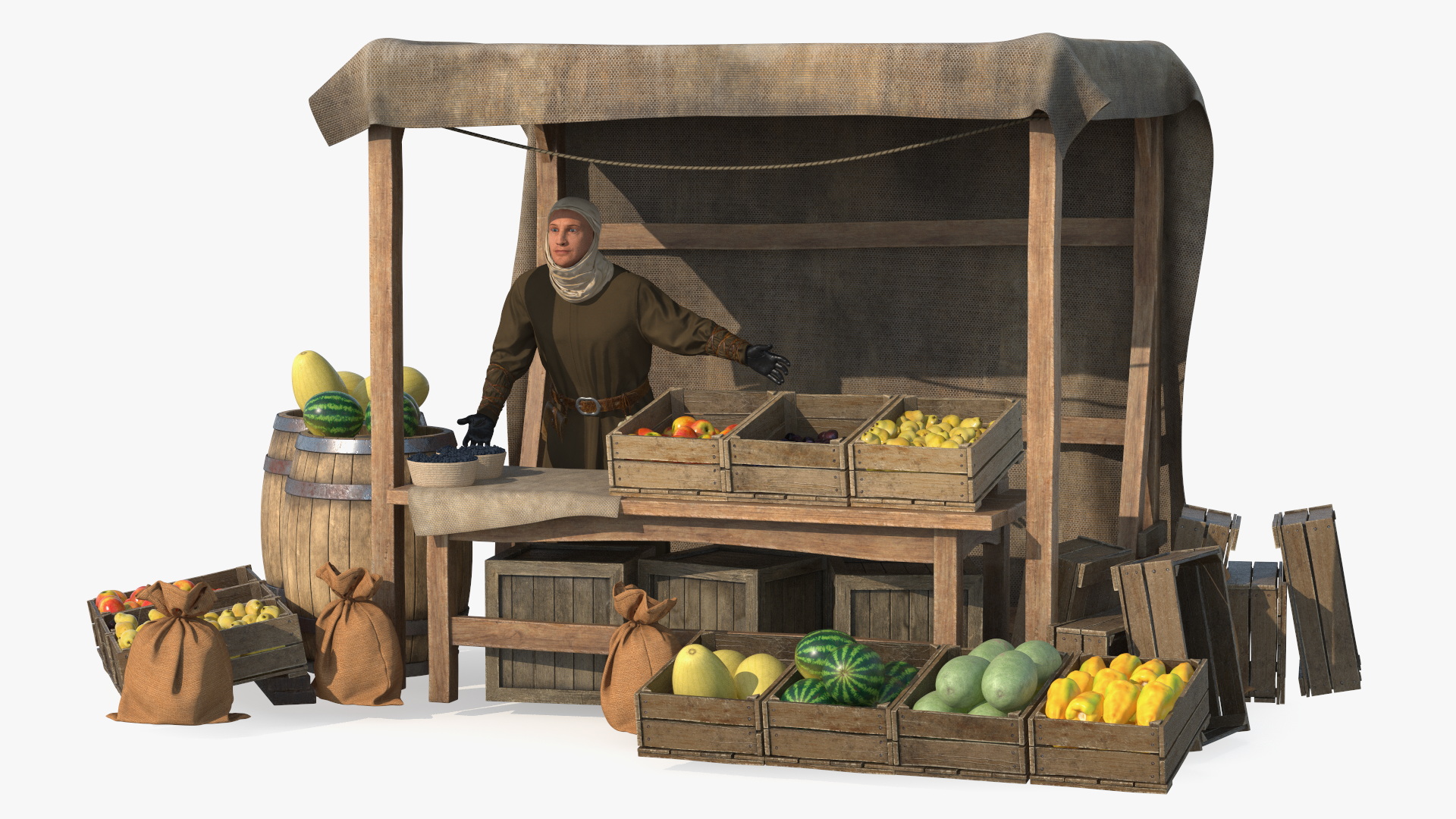 3D model Medieval Merchant with Market Stall