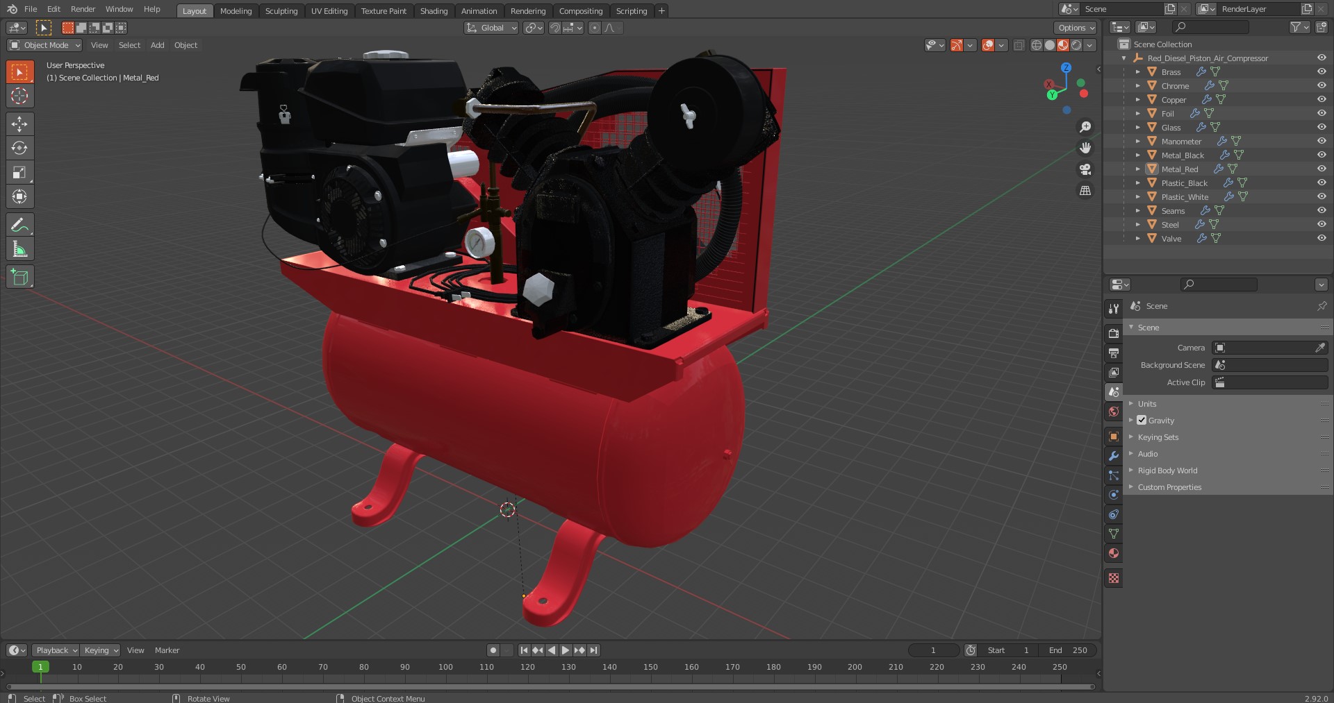 Red Diesel Piston Air Compressor 3D