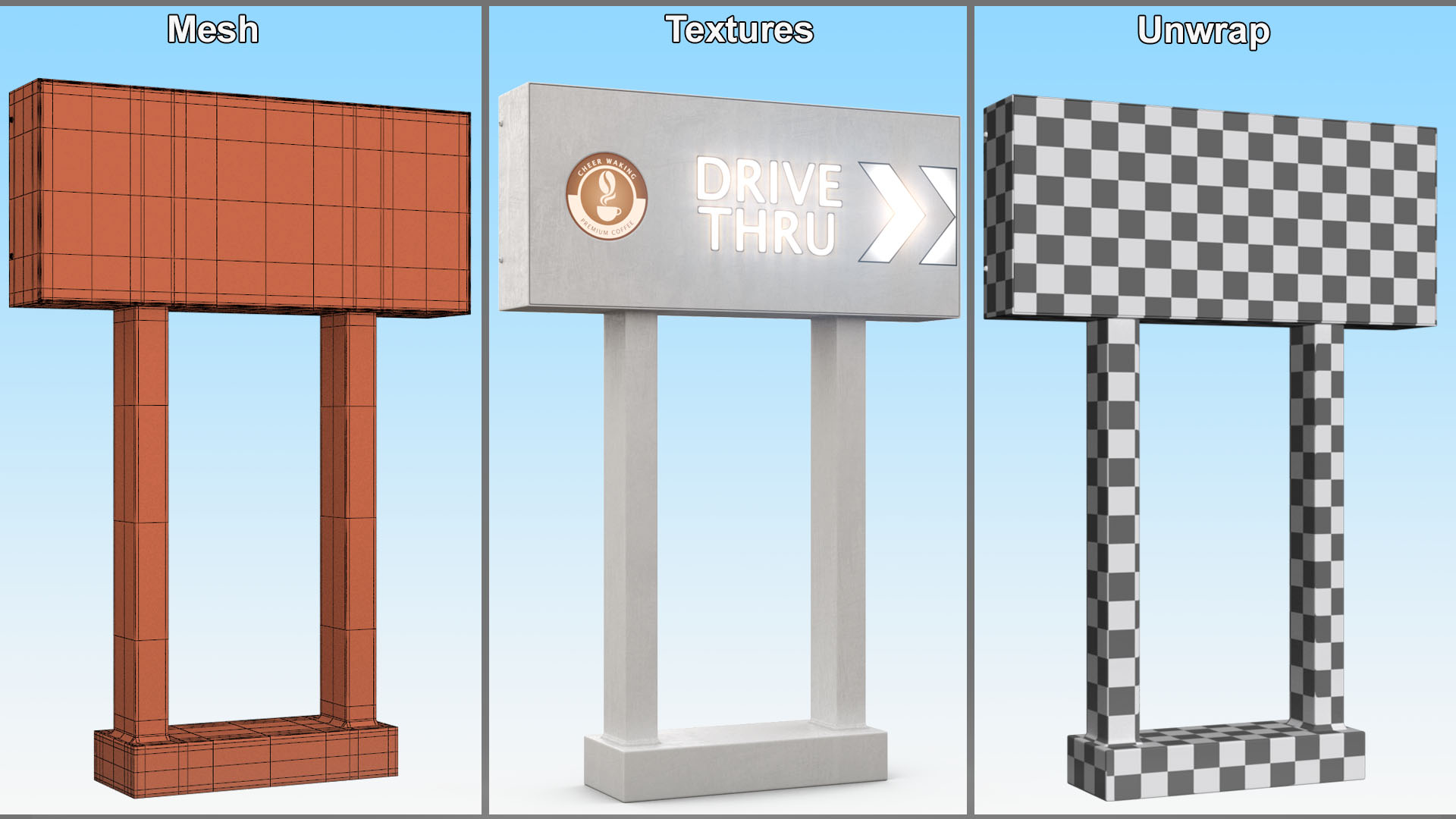 3D Coffee Shop Drive Thru Sign Light On