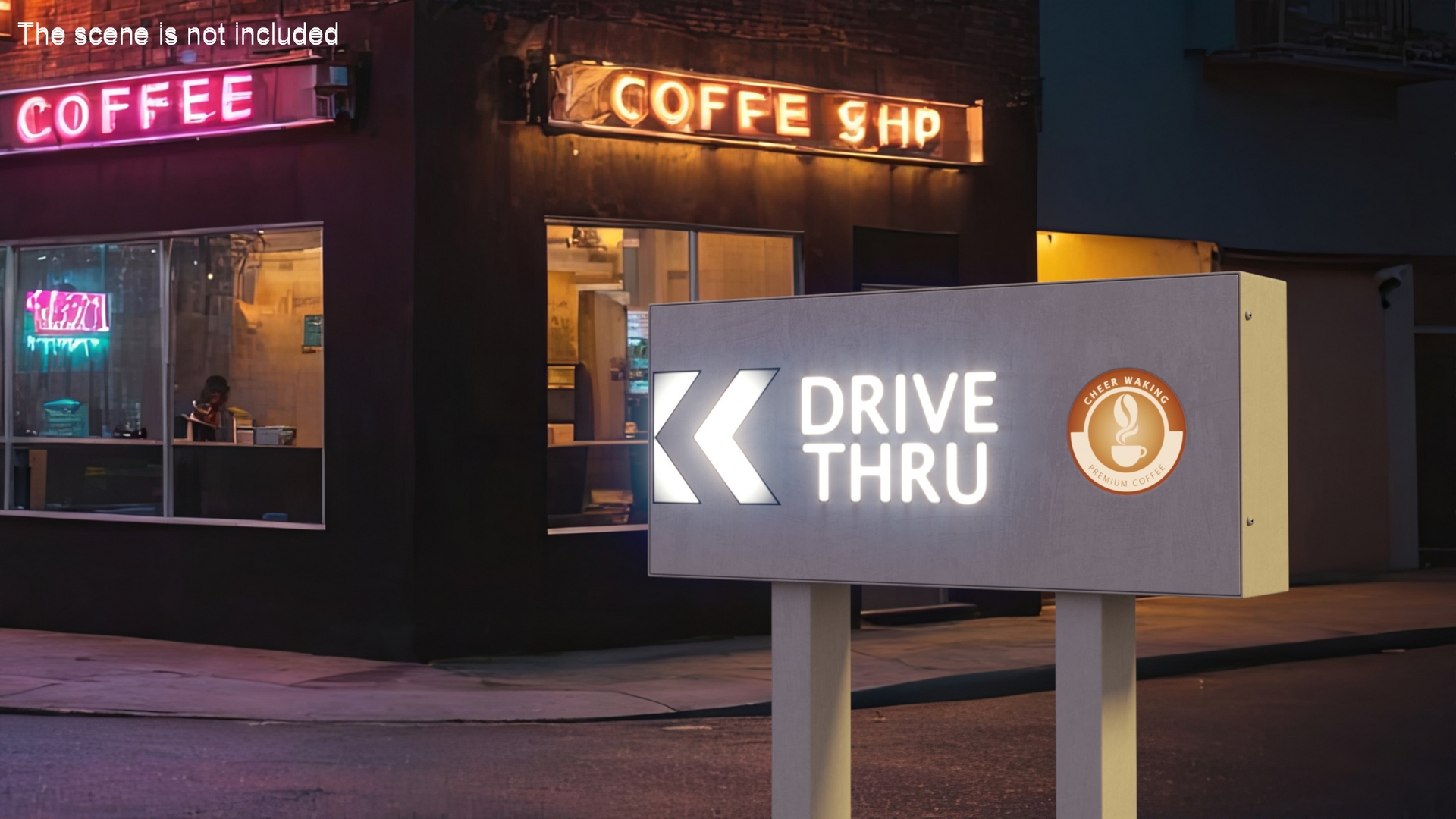 3D Coffee Shop Drive Thru Sign Light On