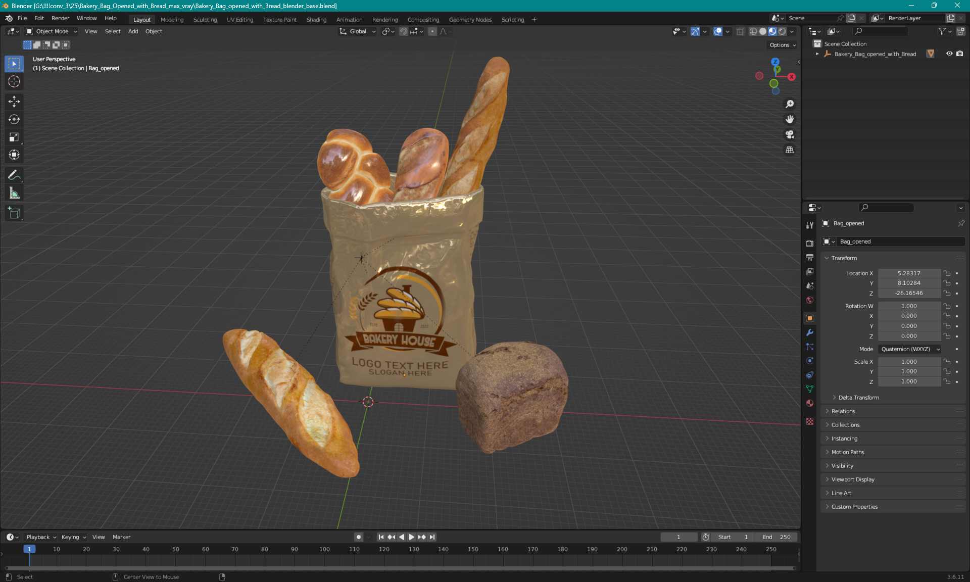 3D Bakery Bag Opened with Bread model