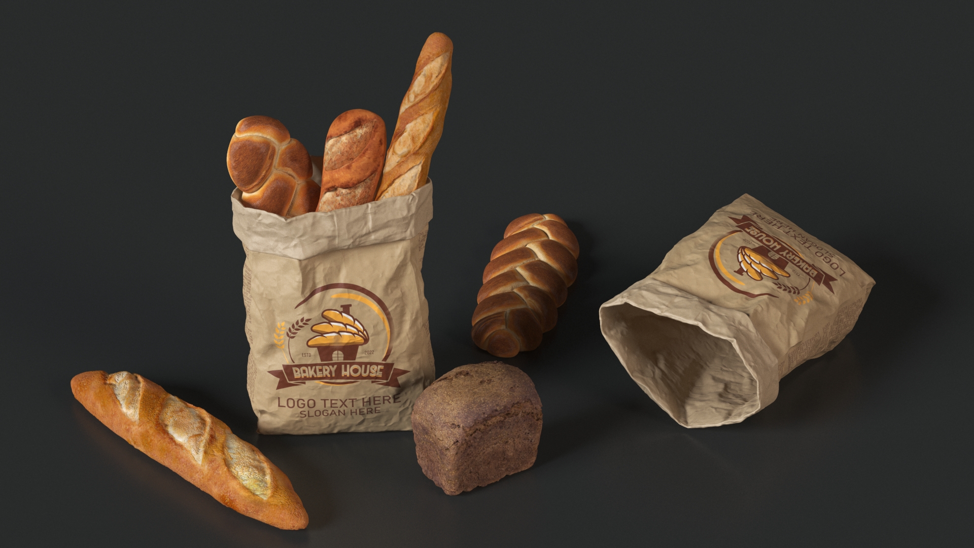 3D Bakery Bag Opened with Bread model