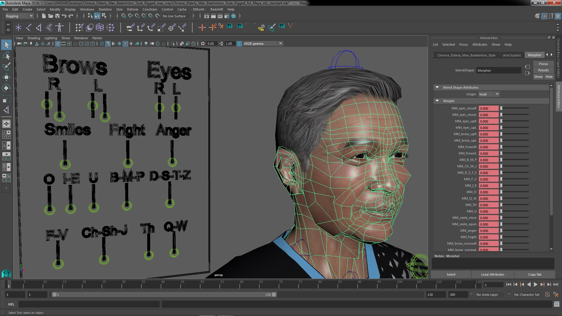 3D Chinese Elderly Man Badminton Style Rigged for Maya