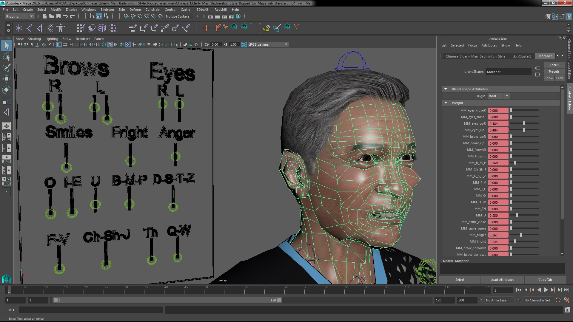 3D Chinese Elderly Man Badminton Style Rigged for Maya