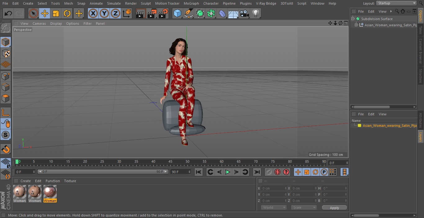 3D model Asian Woman wearing Satin Pijama Sitting Pose