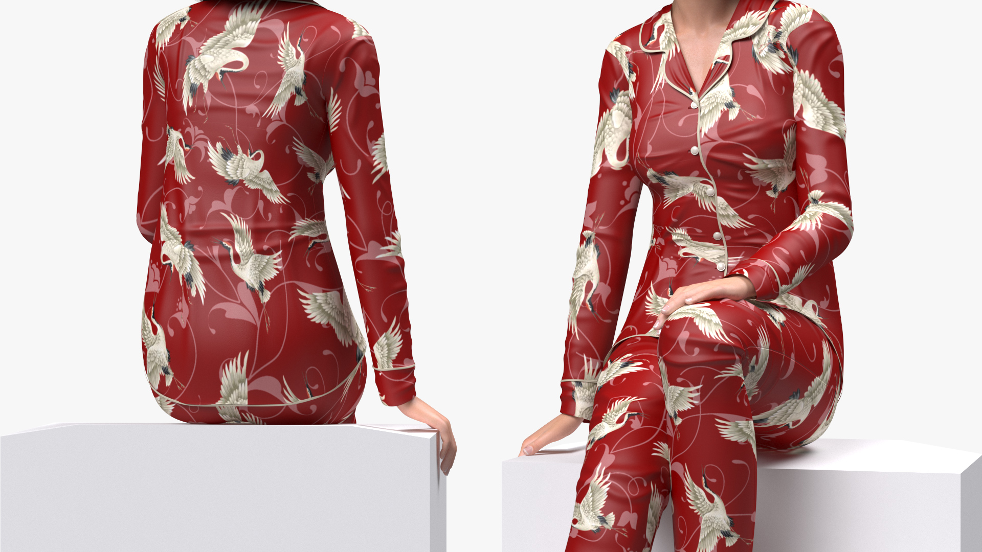 3D model Asian Woman wearing Satin Pijama Sitting Pose