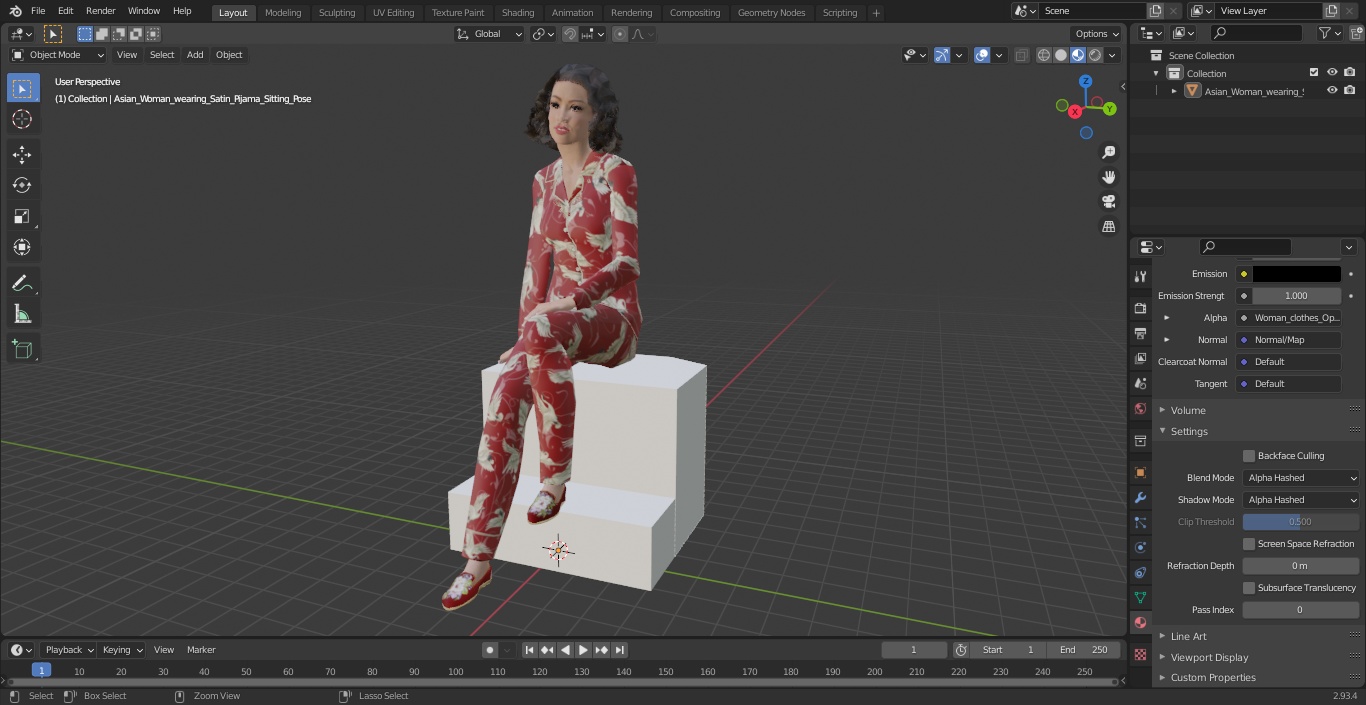 3D model Asian Woman wearing Satin Pijama Sitting Pose