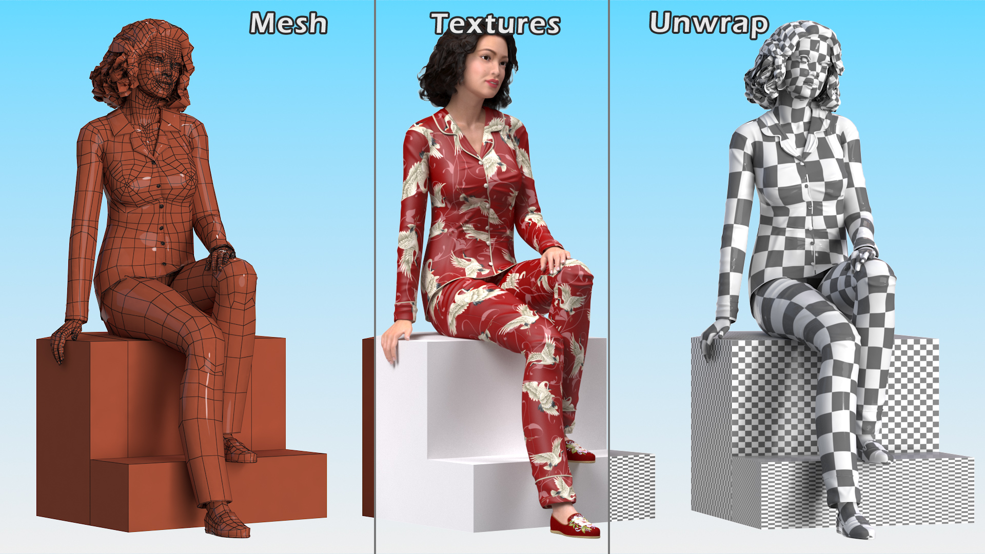 3D model Asian Woman wearing Satin Pijama Sitting Pose