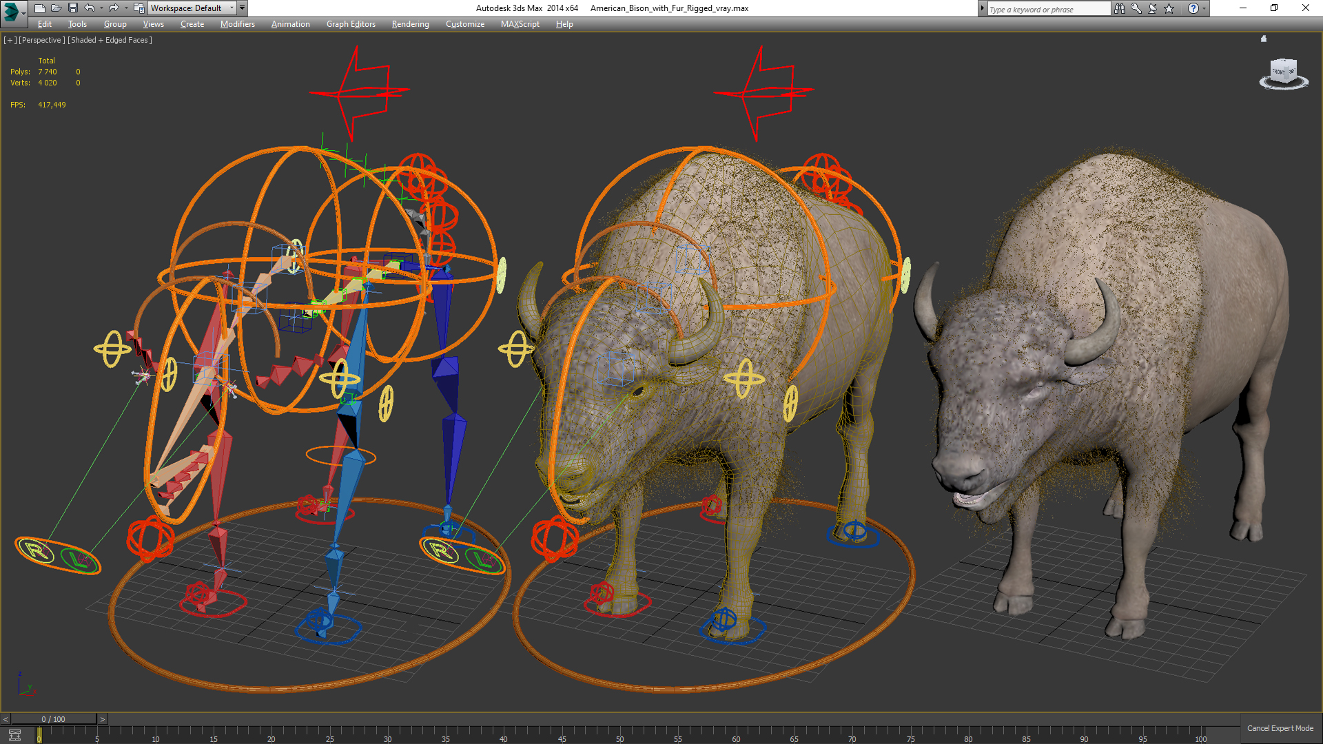 3D model American Bison with Fur Rigged