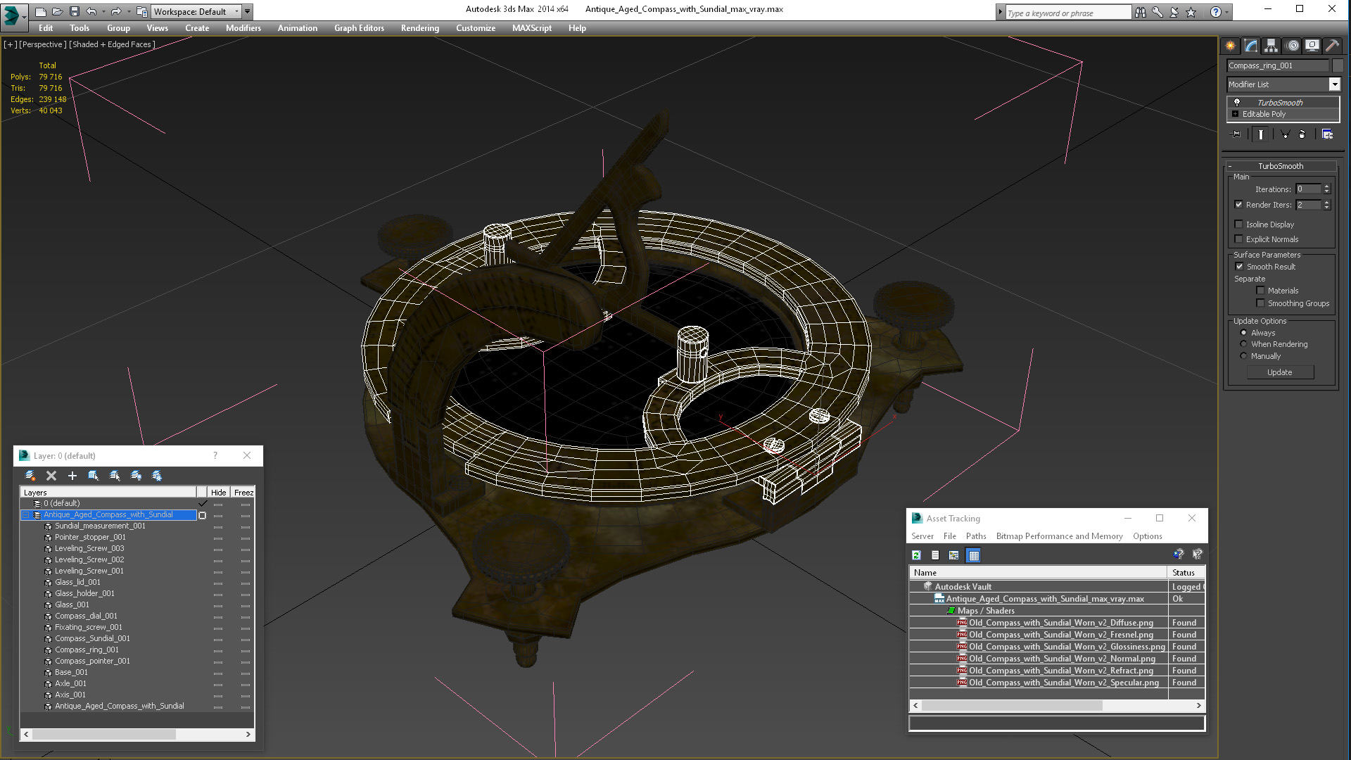 3D Antique Aged Compass with Sundial model