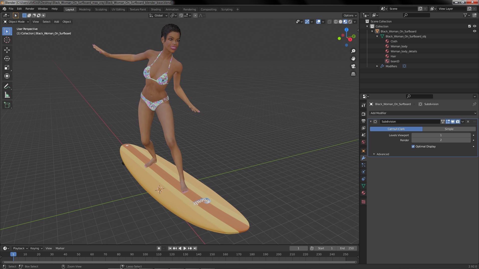 Black Woman On Surfboard 3D model